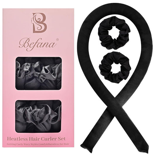 Satin Heatless Hair Curler Set: Achieve Overnight Heatless Curls for Long and Short Hair! Rollers with 2 Hair Scrunchies, Sleep - Friendly Damage - Free Curlers for Soft Natural Waves (Black)