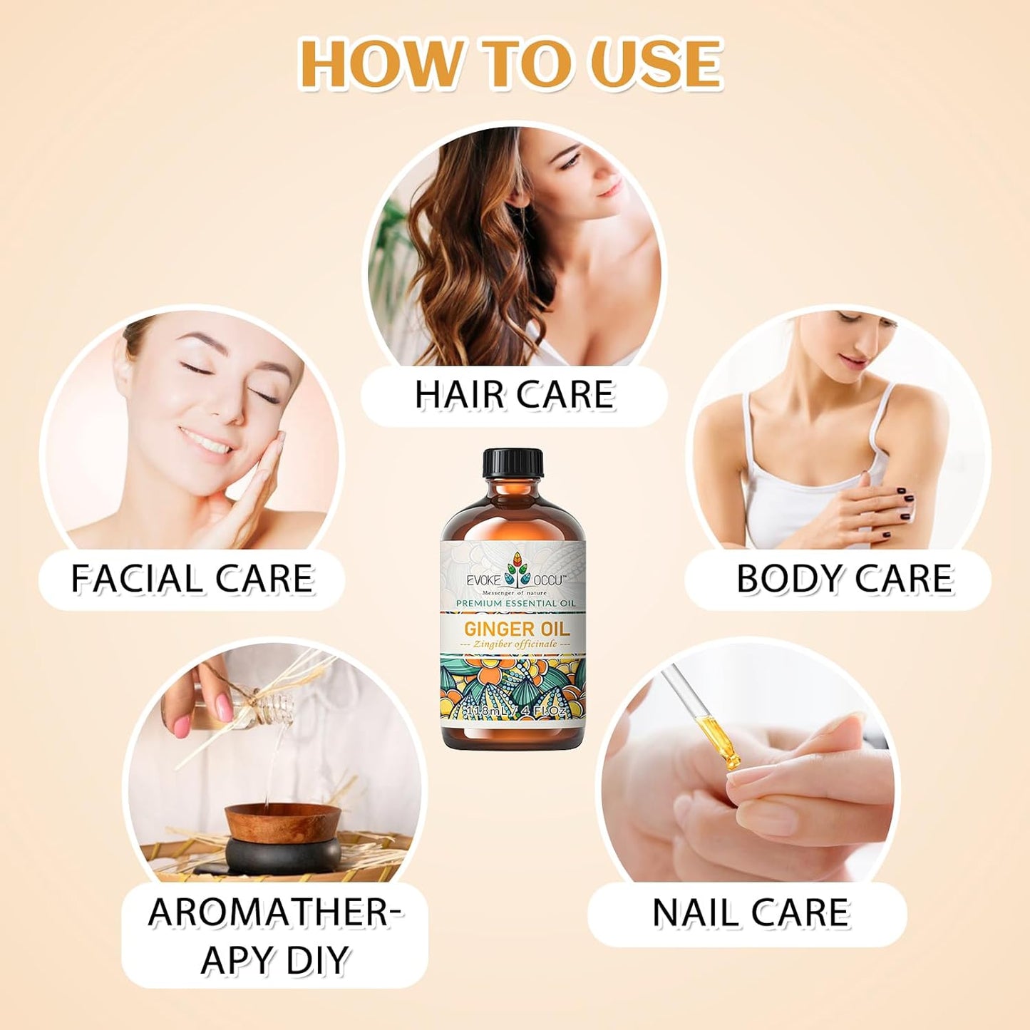 EVOKE OCCU 100% Pure Ginger Oil, Natural Ginger Essential Oil for Massage, Diffuser, Hair, Skin, DIY - 4 Fl Oz