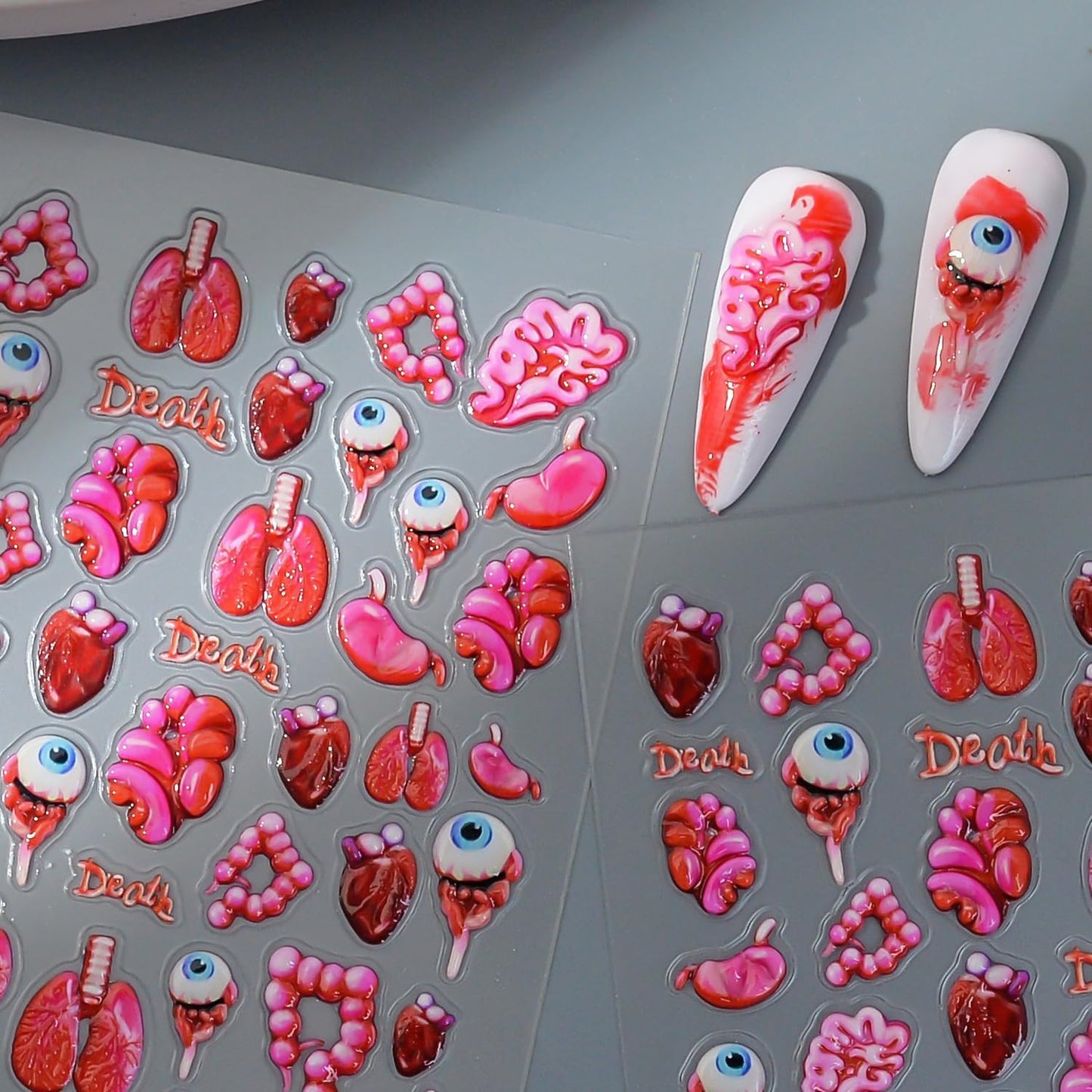 1 Sheets Horror Halloween Nail Stickers for Nail Art Embossed Eyeballs Nail Art Stickers Scary Heart Lungs Human Organs Nail Decals 5D Self-Adhesive Bloody Holiday Nail Design Supplies for Women