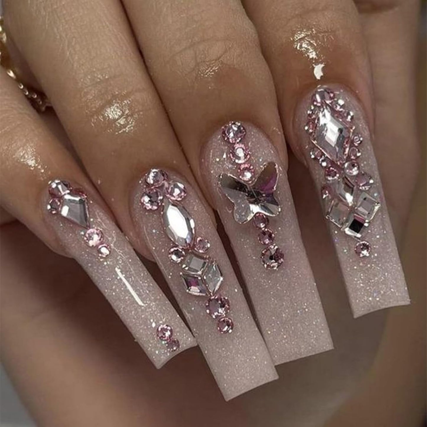 HNUIX Nail Rhinestones - 3D Multi Shape Size Crystal, Light Pink Nail Gems, Flat Back, with Kit, for Nail Art, DIY Decorations