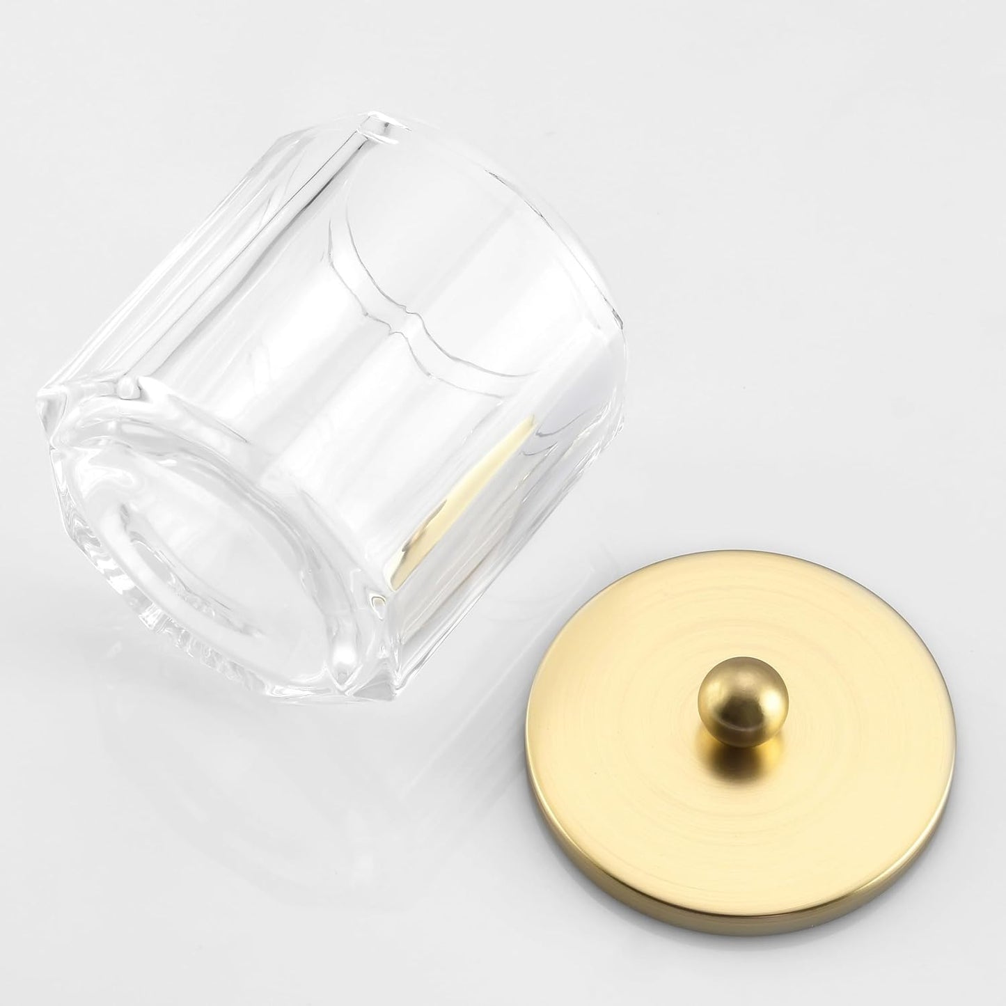 Home Glass Cotton Jar Holder Matte Gold Lid, Elegant Bathroom Storage Canister for Qtips, Cotton Balls, Floss, Makeup Organizer, Vanity Bathroom Organization