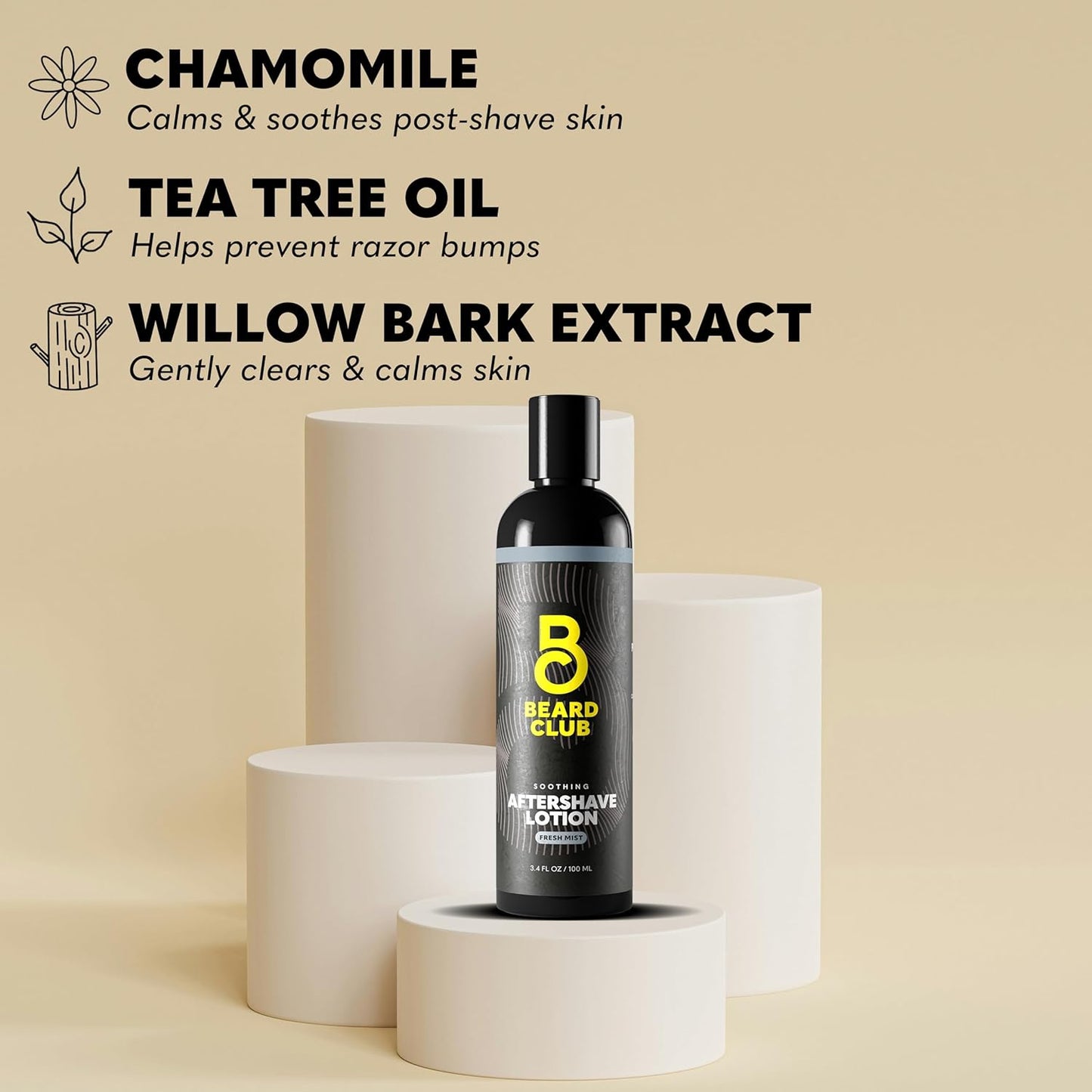 The Beard Club Aftershave for Men – Soothing After Shave Lotion for Men with Chamomile, Tea Tree Oil & Willow Bark – Post Shave Balm Calms Irritation, Prevents Razor Burn & Bumps - 3.4 Fl Oz - 1 Pack