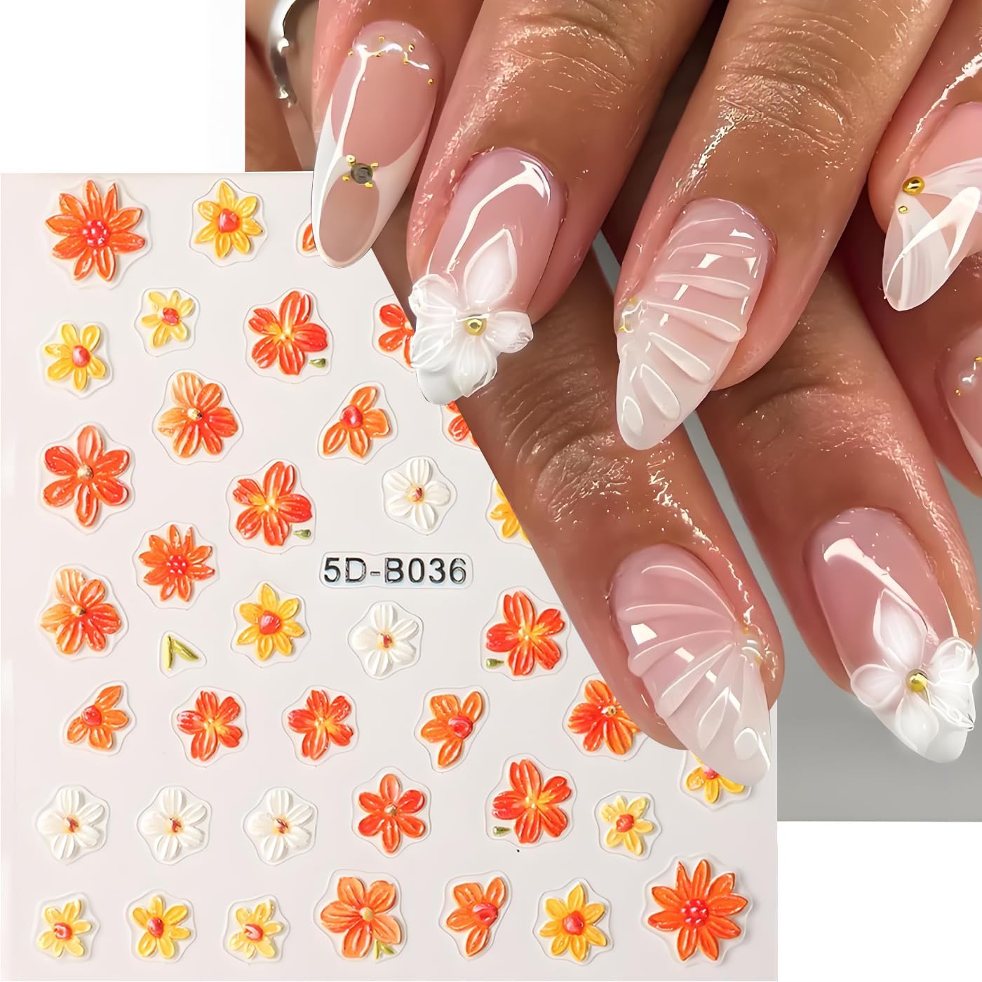 Fall Flowers Nail Art Stickers, Fall Gradient Orange Flower Nail Decals 5d Embossed Small Yellow Flower 2Pcs Nail Art Supplies for Women Nail Decoration
