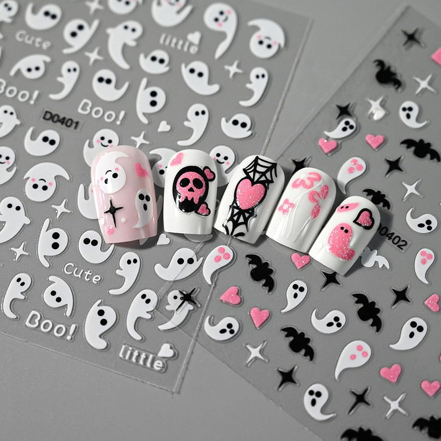 Halloween Nail Art Stickers Decals with Cute Ghost Skeleton Spider Web Bat Stars Love Flower Butterfly Design Glitter Nail Stickers DIY Festival Nail Decoration for Women Girls 6 Sheets