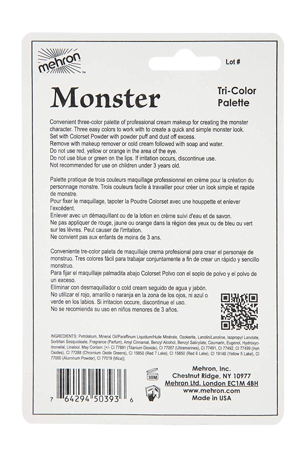 Mehron Makeup Tri-Color Character Makeup Palette | Halloween, Special Effects and Theater Cream Makeup FX Palette | Face Paint Makeup .7 oz (20 g) (Monster)