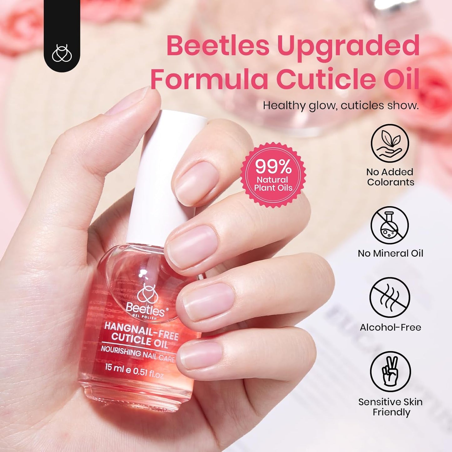 Beetles Cuticle Oil for Nail & Cuticle Care, 15ml Natural Rose Smell Oil with Vitamin E Nourish Condition Dry Stronger Nails SPA & Hand Manicure DIY Salon Needs Gifts for Her Women