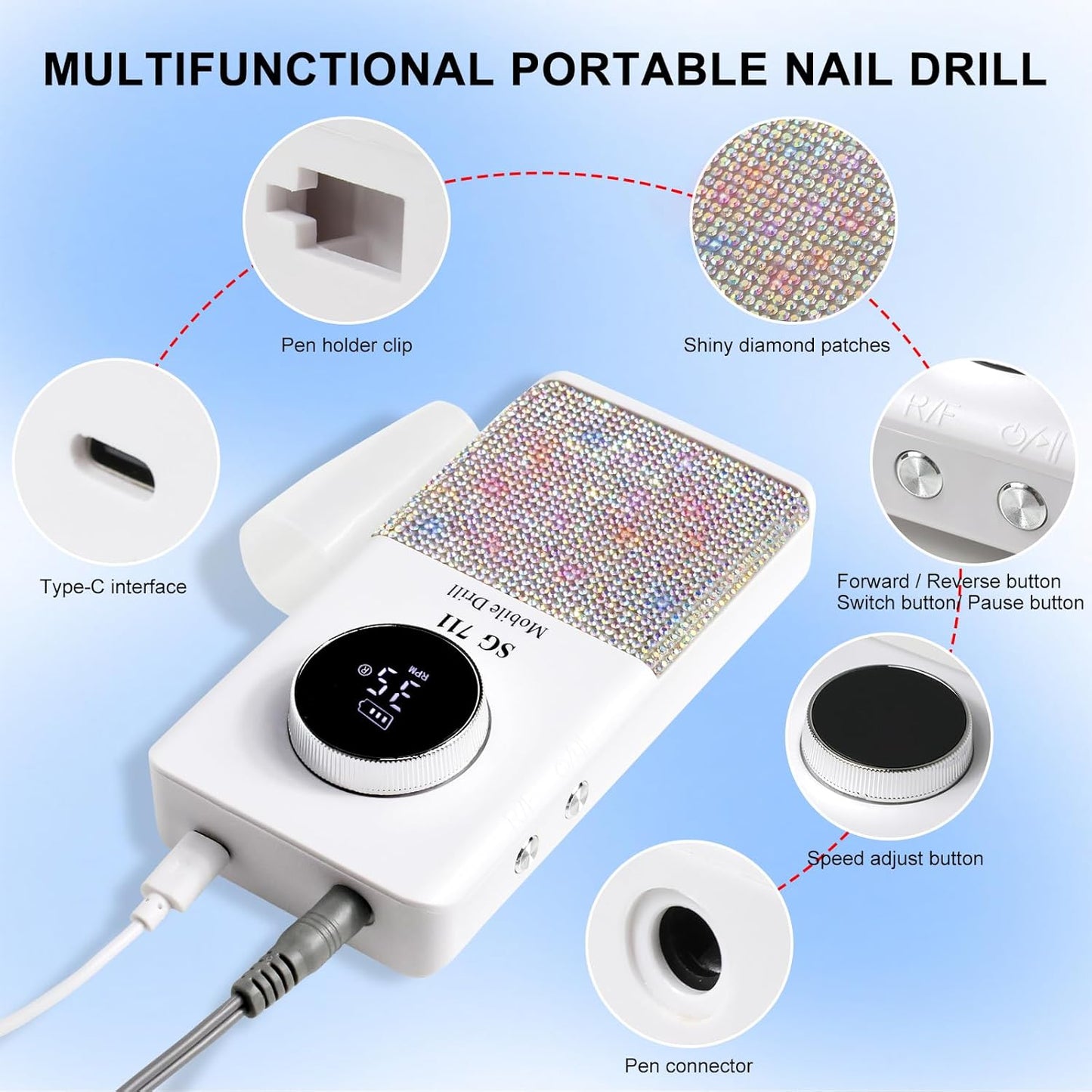 Professional Electric Cordless Nail Drill File:Glitter Portable Cordless E-File Nail Drill Kit with13 Drill Bits 45000RPM Rechargeable Nail Drills Machine for Acrylic Nails Gel Polishing (White)