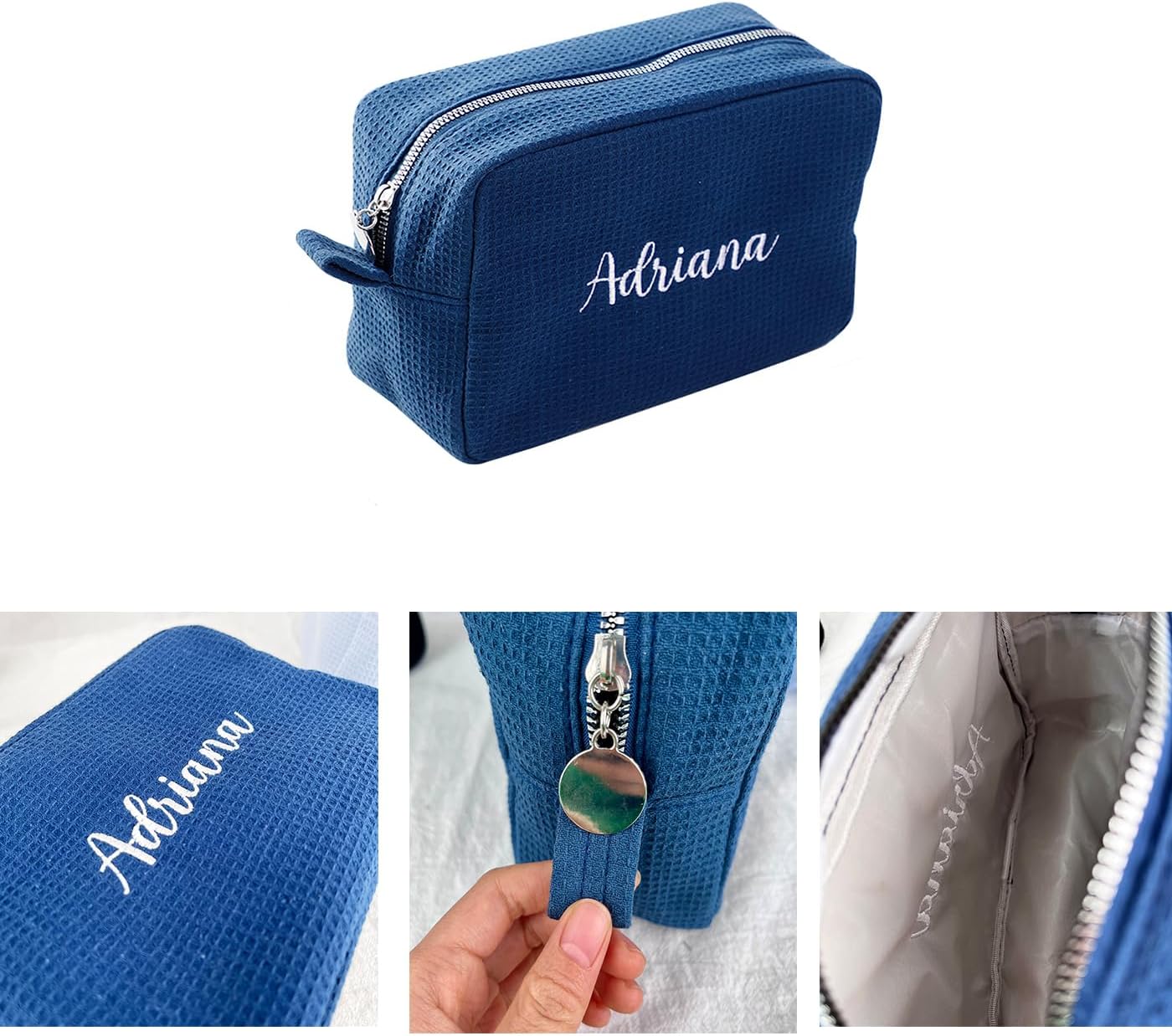 GOPHIE Personalized Embroidered Makeup Bag,Custom Waffle Fabric Cosmetic Pouch for Women, Travel Makeup Pouch (3, Navy Blue)