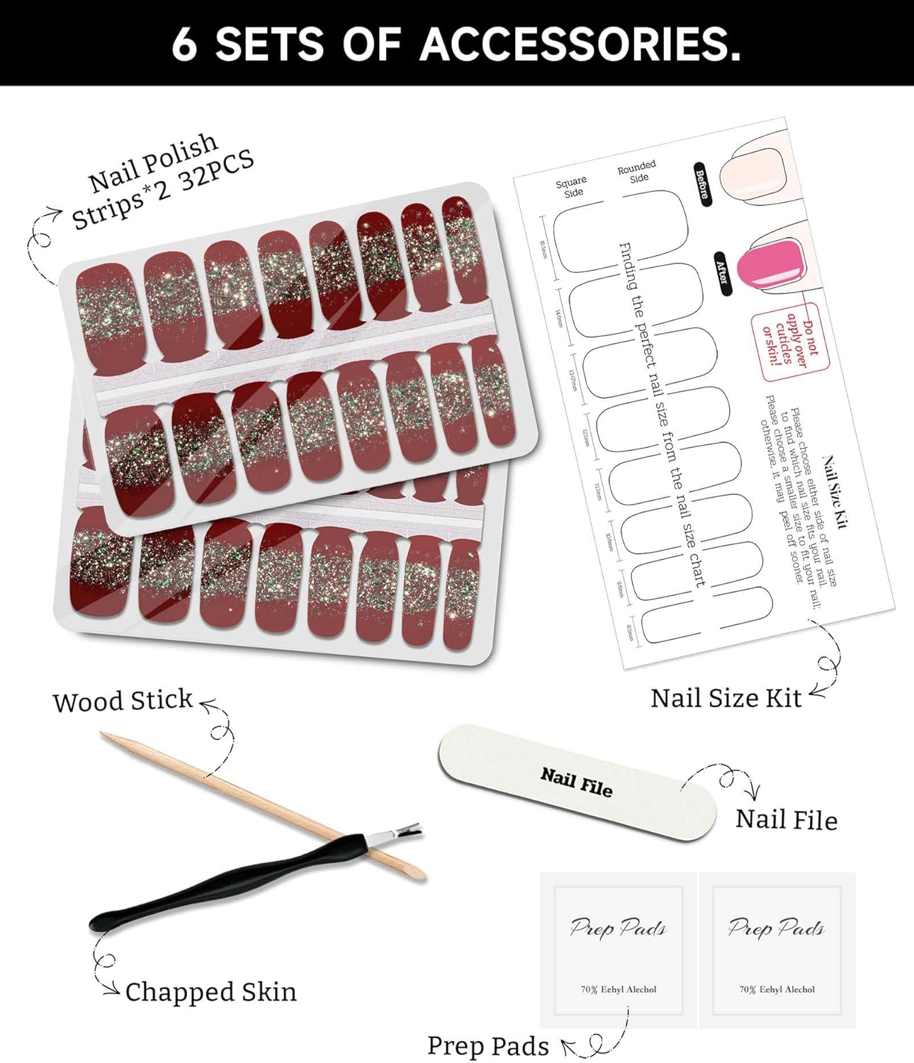 Glitter Nail Polish Strips, 32 Pcs Salon Quality Gel Nail Stickers, Long Lasting Wraps Easy to Use & Remove (Golden Glitter Red)