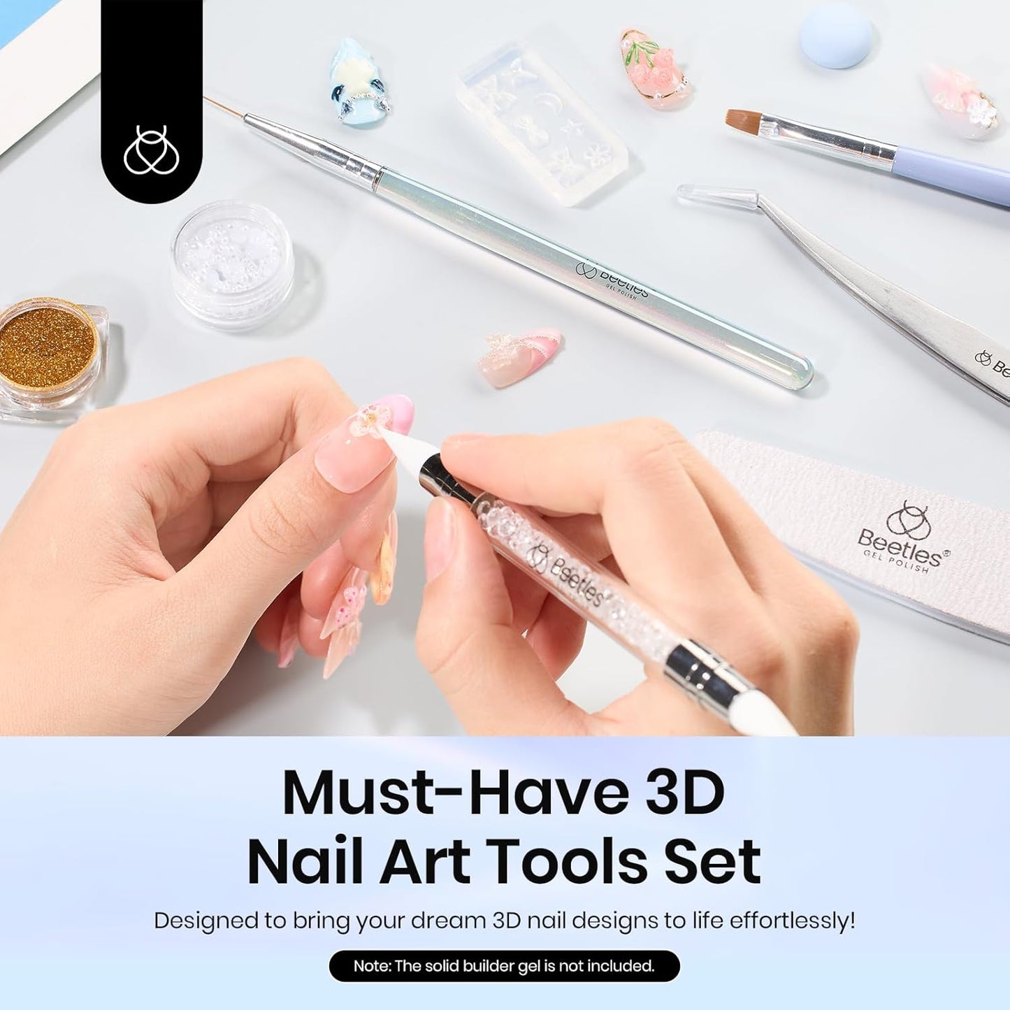 Beetles 3D Nail Art Brushes, Dual-ended Silicone Manicure Tool, Gold Chrome Nail Powder, 15mm Liner Brush, Dotting Tool with Flowers Bowknot Mold, Pearls, for 3D Manicure Design Carving Drawing Effect