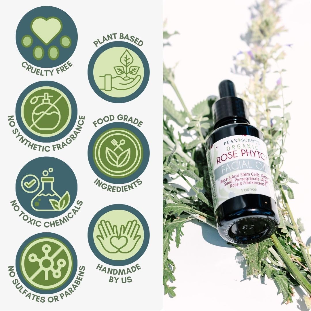 Organic Rose Phyto Facial Oil - Rosehip and Argan Oil Infused with Rose Extract and Frankincense Essential Oil - Ideal for Gua Sha Massage, Anti-Aging Face Oil (1oz)