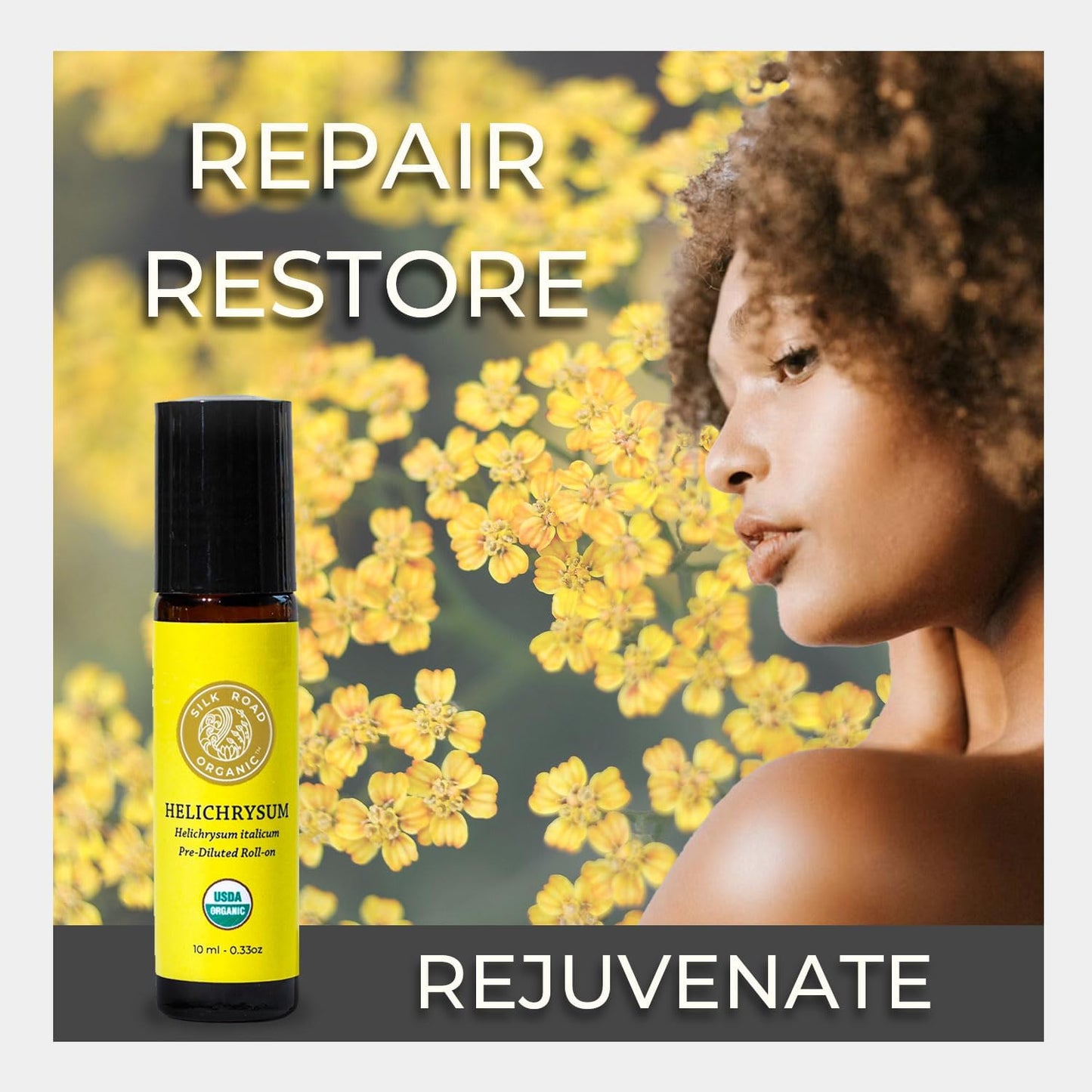 Silk Road Organic Helichrysum Italicum Essential Oil Roll On, 100% Pure USDA Certified Aromatherapy for Skin Vitality & Anti-Aging - 10 ml Roller - Always Pure, Always Organic