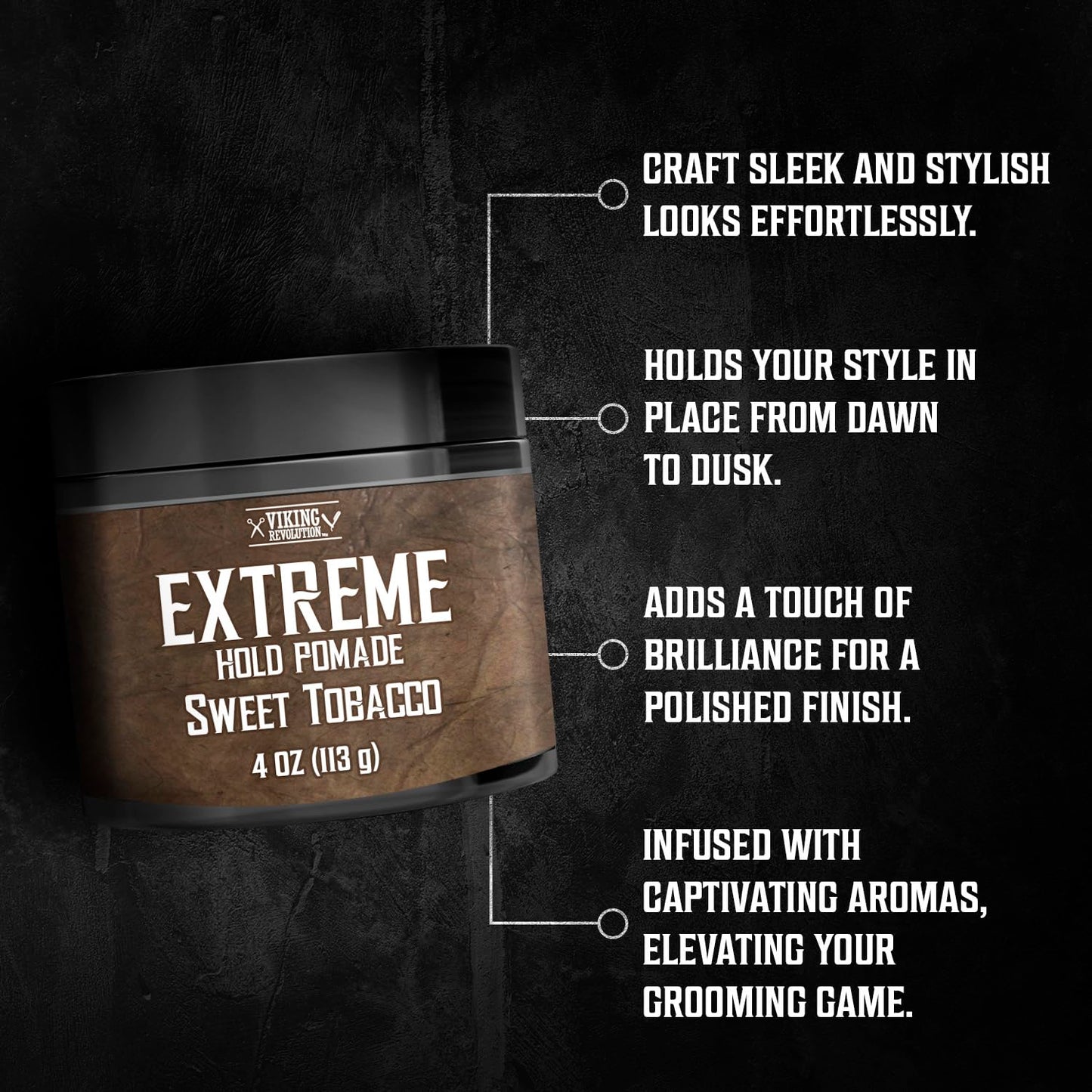 Viking Revolution Sweet Tobacco Hair Pomade for Men - Extreme Hold Water-Based Hair Gel - Extra Firm Strong Hold With High Shine - Men's Hair Cream (4oz)