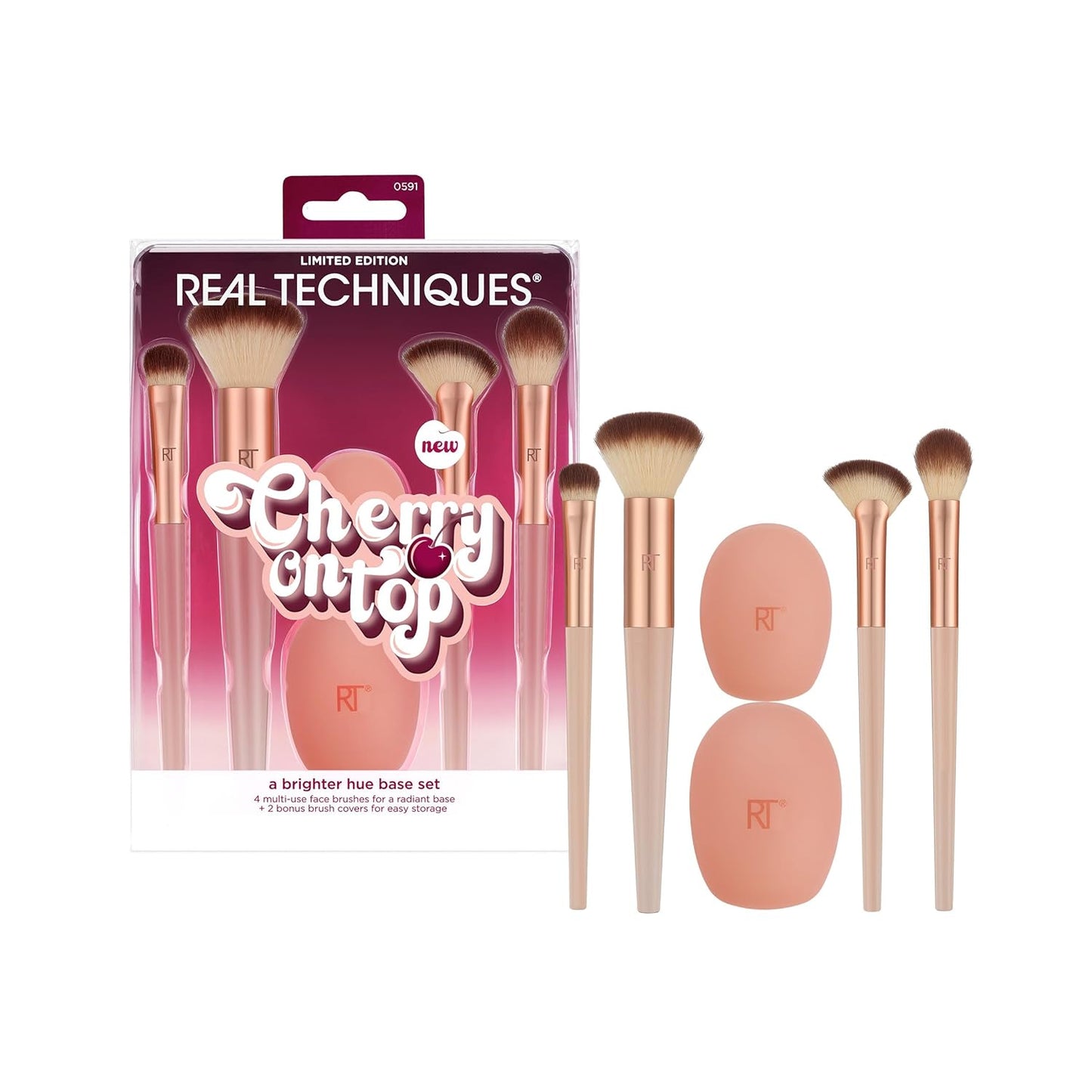 Real Techniques Cherry On Top A Brighter Hue Base Set, Face Makeup Brushes & Travel Covers, For Foundation, Concealer, Powder, & Blush, Synthetic Bristles, Vegan & Cruelty-Free, 6 Piece Set