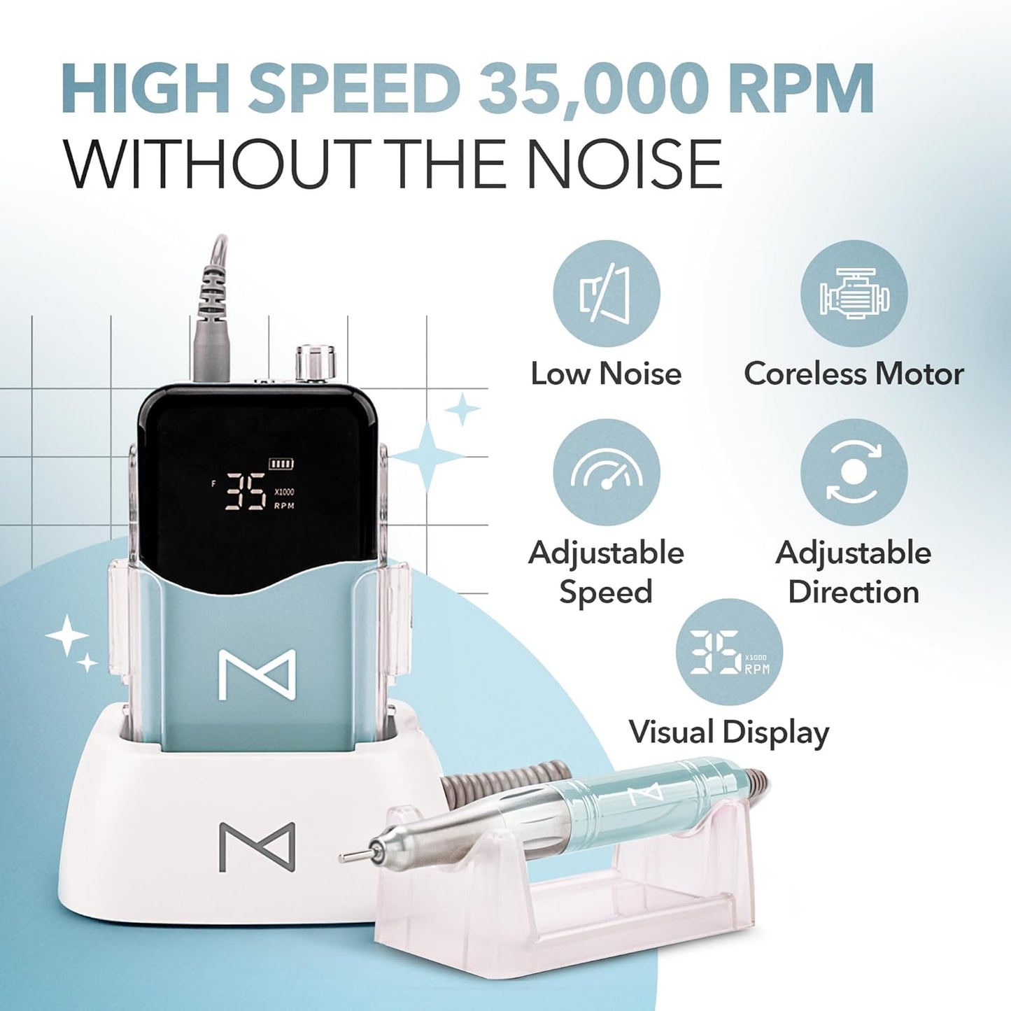 M Mase- Professional Nail Drill Machine - Coreless 2-in-1 Nail File - Electric, Cordless, 35000 RPM, HD Display - Electric Nail Drill for Professional & Home Use (Teal)