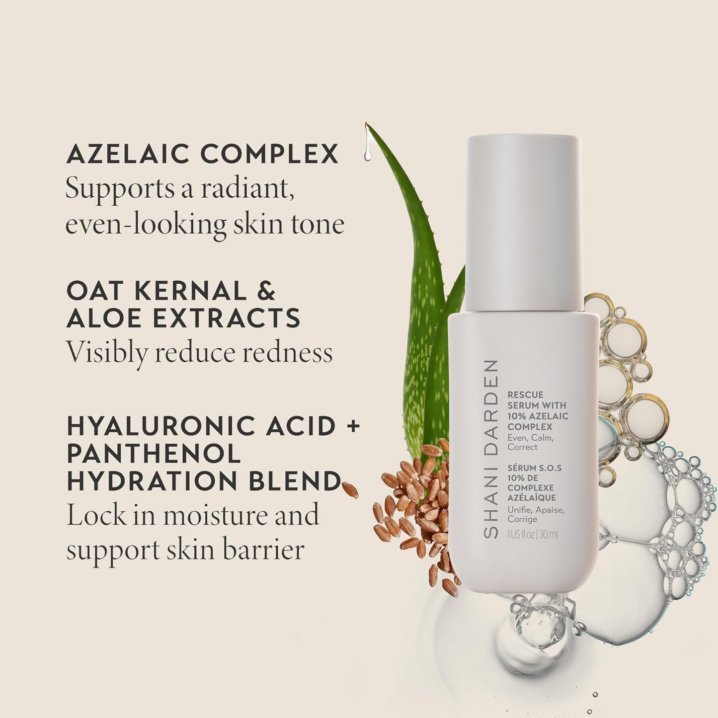 Shani Darden Rescue Serum with 10% Azelaic Complex, Lightweight Hydrating Azelaic Acid Serum for Face with Oat Kernel & Aloe Extracts, Helps Skin Redness & Acne, Non-Comedogenic, Vegan, 1 fl oz