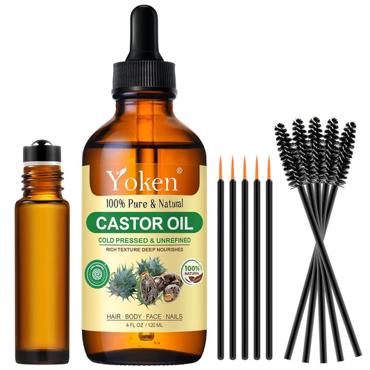 Yoken Castor Oil EWG Verified 4oz Glass Bottle - 100% Pure, Cold Pressed, Hexane Free, Virgin Caster Oils for Face, Eyelash, Eyebrow, Hair - with Lash Starter Kit & Empty Roller Ball Bottle