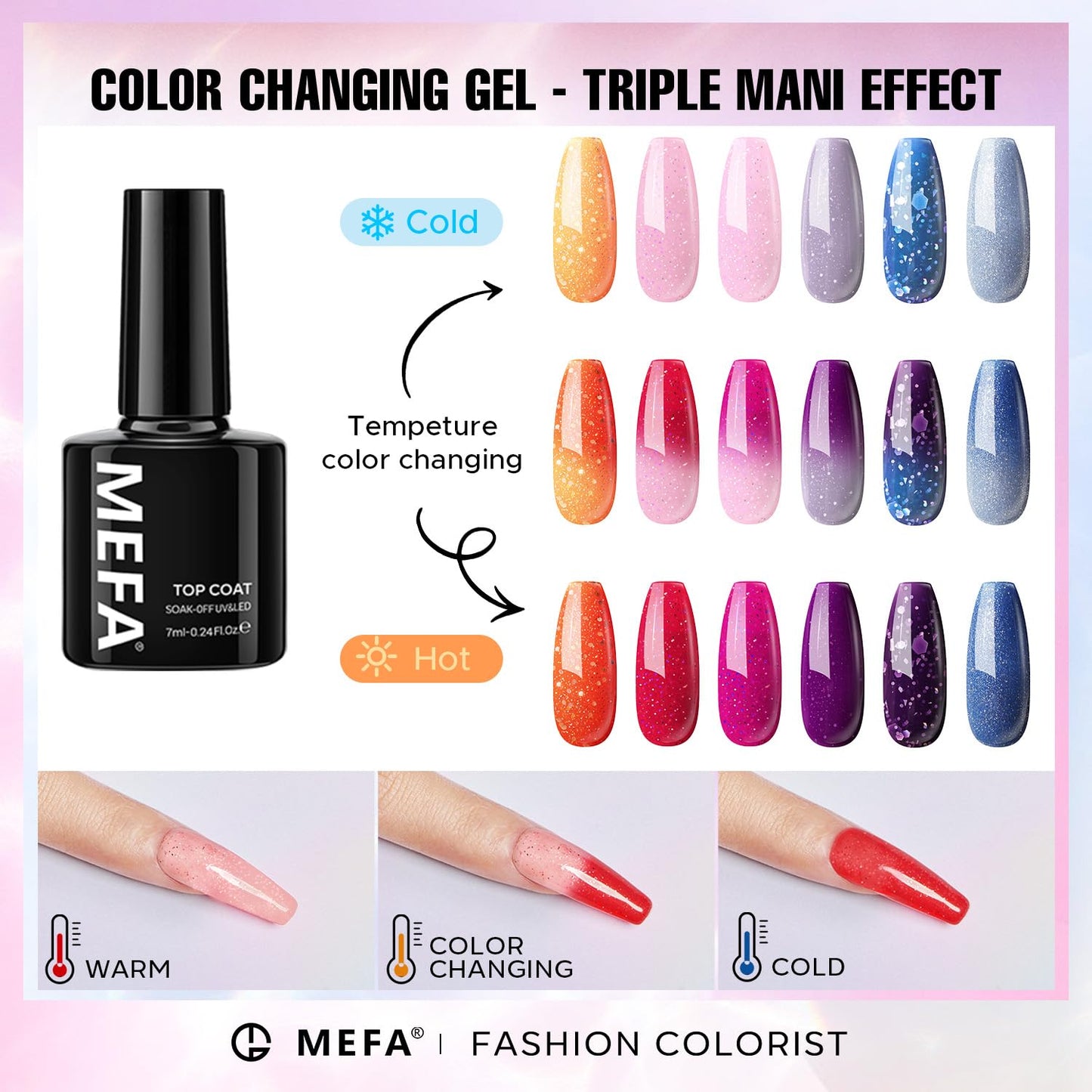 MEFA Color Changing Gel Nail Polish Set 6 Colors, Temperature Mood Changed Glitter Blue Pink Purple Red Orange Ombre Soak Off Nail Art Design Kit Manicure Home DIY Gifts for Women Girls