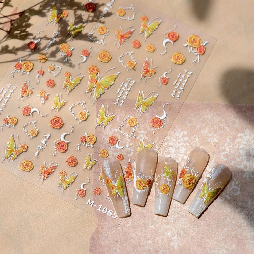 Orange Nail Stickers Butterfly Flower Nail Art Decals 5D Embossed Slf Adhesive with Design Nails Charms for Women Girls Kid Manicure DIY Decoration