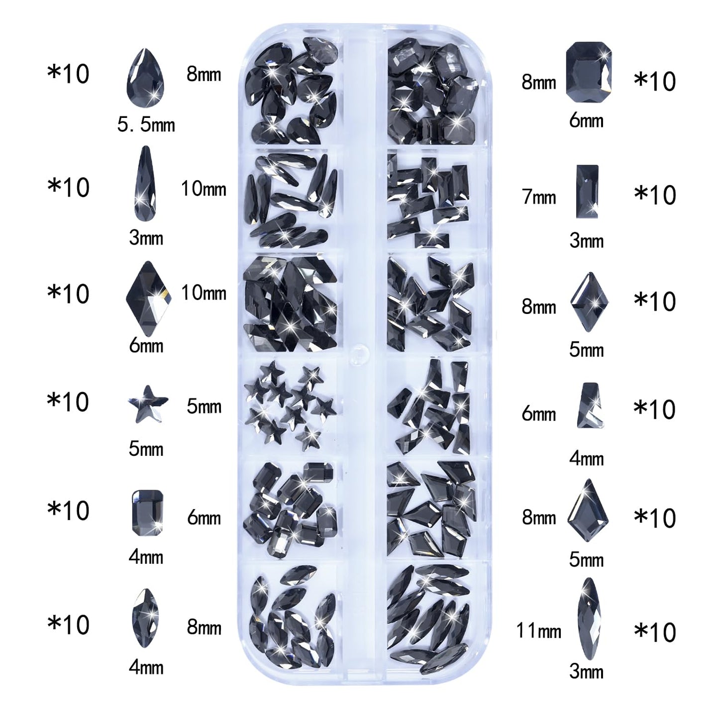 HNUIX Nail Rhinestones - 3D Multi Shape Size Crystal, Transparent Gray Nail Gems, Flat Back, with Kit, for Nail Art, DIY Decorations