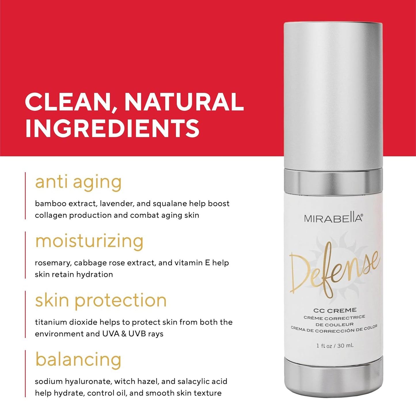 Mirabella Defense CC Creme Full Coverage Foundation with SPF 20, CC Cream Foundation with Sunscreen & Hyaluronic Acid, Oil Control with Salicylic Acid - Fair