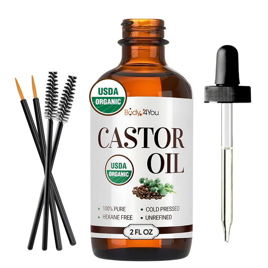 BodyJ4You Castor Oil for Eyelashes Eyebrows - 100% Pure Natural USDA Organic Cold Pressed - Hydrating Skin Hair Growth Oil Lashes Scalp - Non-GMO Hexane Free Unrefined Carrier - Glass Bottle 2 Fl Oz