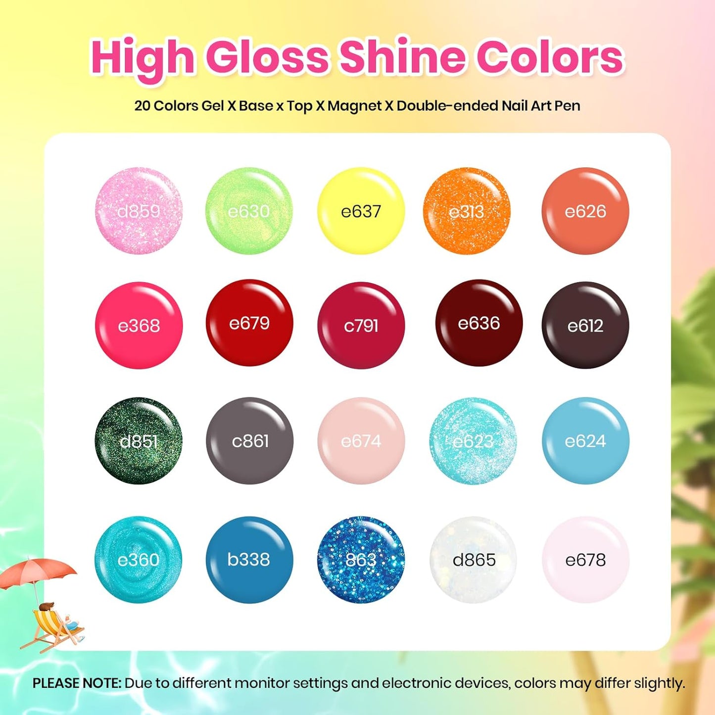 Beetles Gel Nail Polish Set - 20 Colors Gel Polish Pink Blue Green Yellow Pearl Color Gel with Base Glossy & Matte Top Coat Uv DIY Salon Manicure Kit Beach Bash Halloween Nails Gift for Women