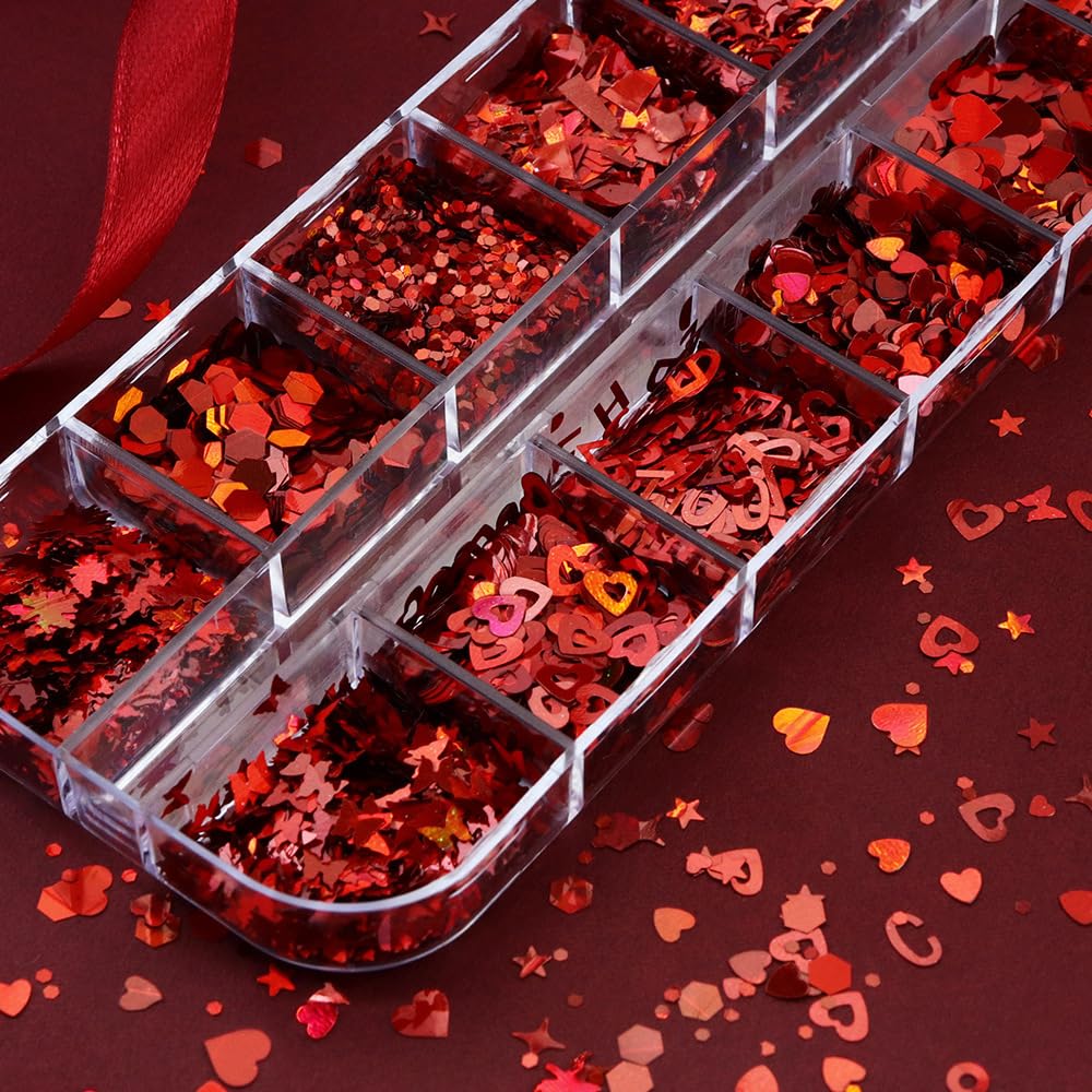 Valentine’s Day Glitter Nail Art Sequins 3D Laser Red Heart Glitters Nail Decals，Holographic Love Heart Letters Butterfly Stars Circle Nail Art Supplies for Women Manicure Charms Decorations 12 Grids