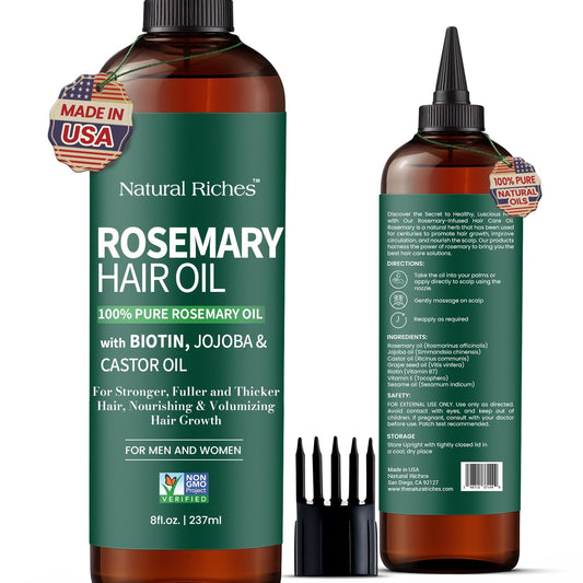 Natural Riches 100% Pure Premium Rosemary Oil For Hair Growth Infused With Biotin & Vitamin E Jojoba & Castor Oil Hair Strengthening Treatment | Nourishing & Volumizing | Non GMO Verified 8 Fl oz.