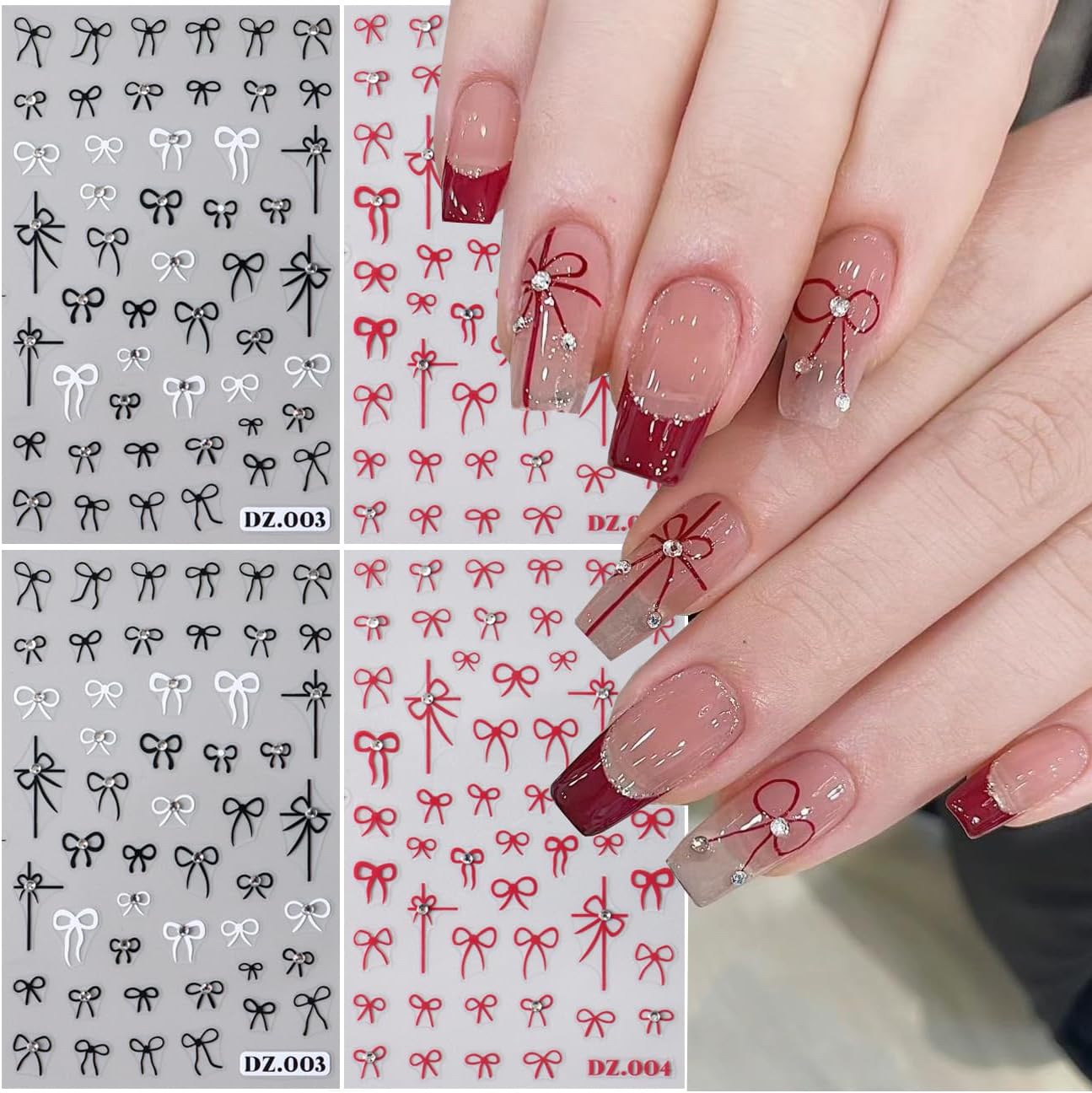 4Sheets Bow Nail Stickers for Nail Art Set, Bow 3D Nail Art Sticker Self-Adhesive Black White Red Bow Shiny Clear Diamond Nail Designs Cute Bow Decals for Women Girls Bow-Knot Manicure Decorations