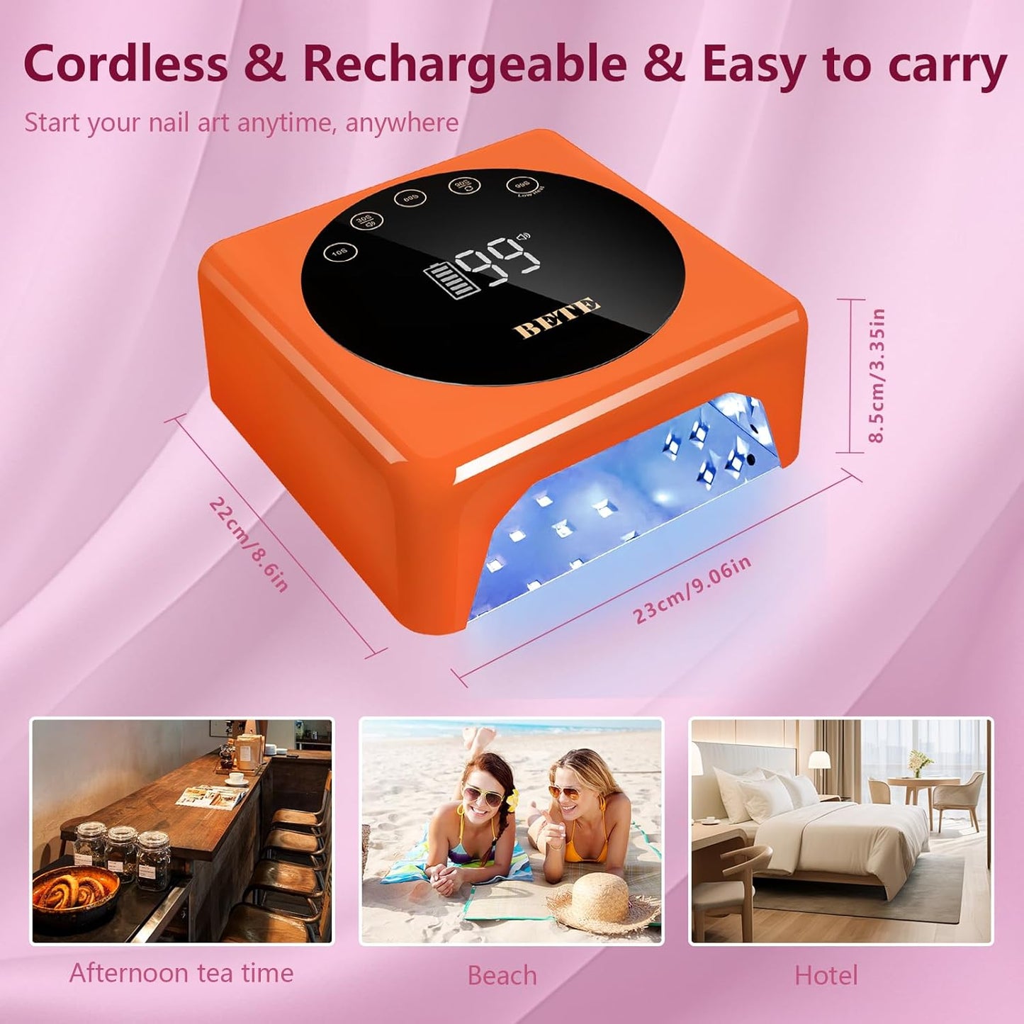BETE Cordless LED Nail Lamp, 78W Rechargeable UV Nail Light, Intelligent Infrared Sensor and LCD Display Curing Nail Lamp, Portable Nail Dryer Gel Polish Light with 5 Timer Setting Orange
