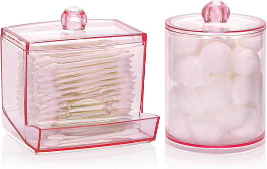 Tbestmax Qtips Dispenser, 10/12 oz Big Cotton Ball Holder Bathroom Container,Plastic Apothecary Jar Organizer for Storage Cotton Swab, Cotton Round Pads, Floss Picks - Pink