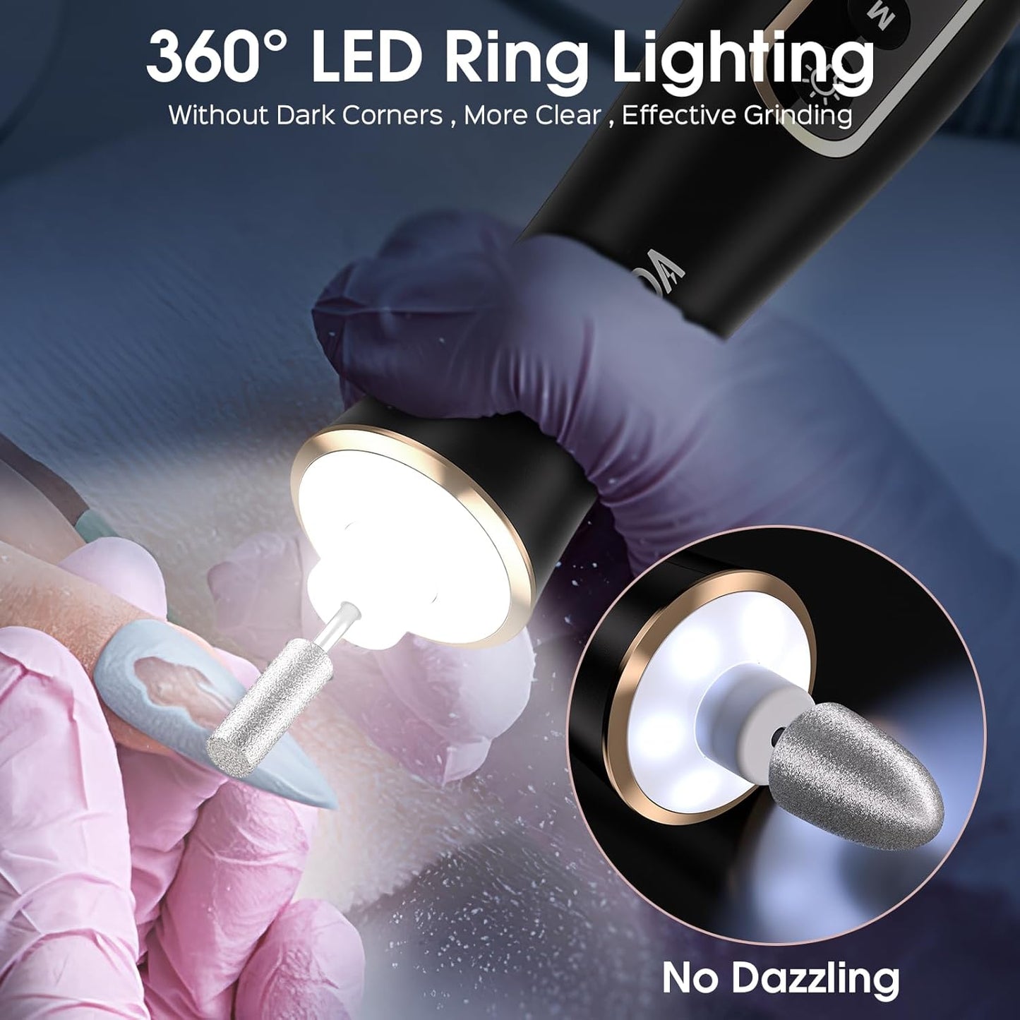 Electric Nail Drill, Professional Manicure Pedicure Kit, Cordless Electric Nail File Set, Rechargeable Pedicure Tools for feet, 10 Speeds Hand Foot Care Nail Drill for -360° LED Light Black