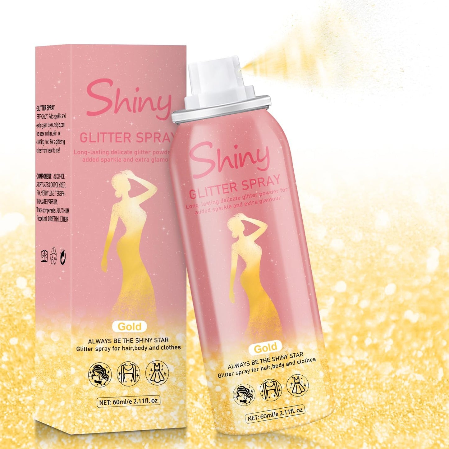 Hair and Body Glitter Spray, Holographic Glitter Highlighter Powder, Hairspray for Clothes, Face Body Shiny Glitter, Loose Shimmer Hairspray Festival Rave Prom Accessories, 2.11 Fl Oz(Gold)