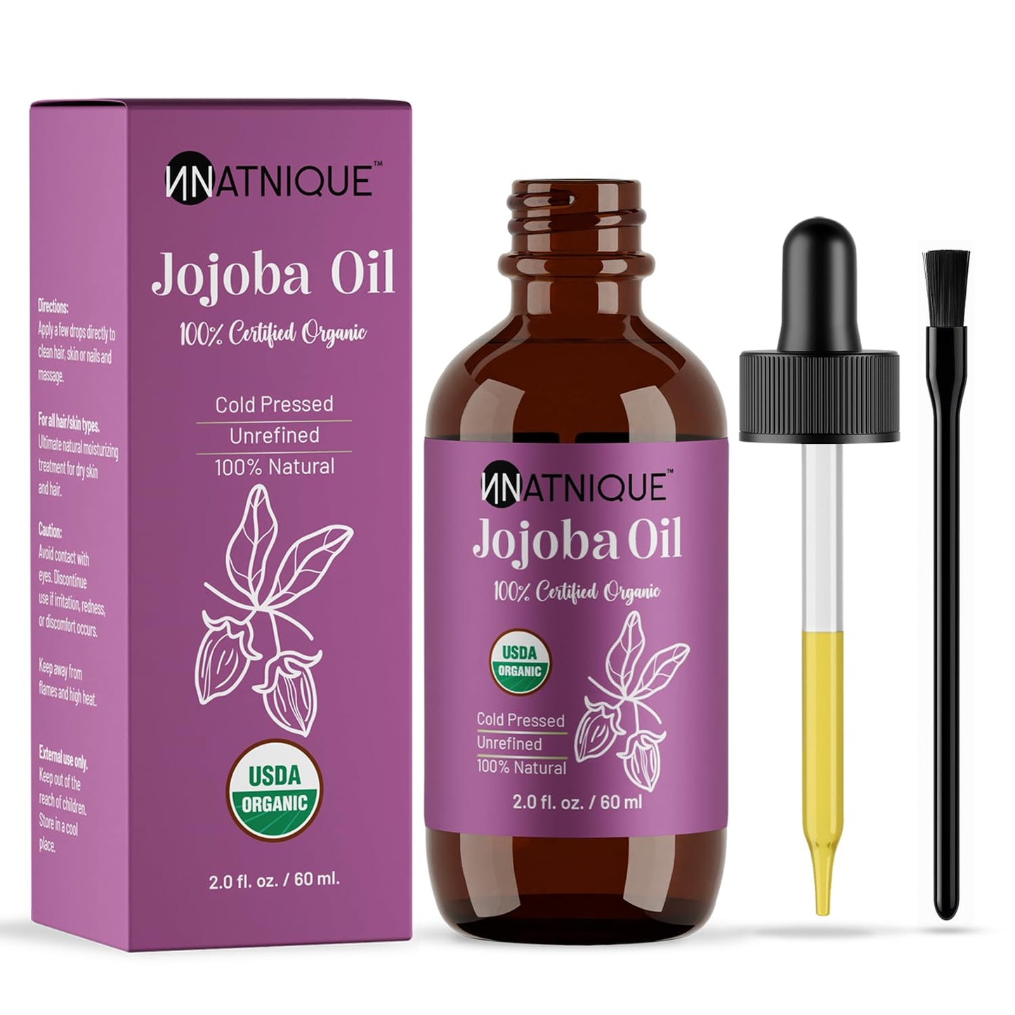 Organic Jojoba 2oz – USDA Certified, Cold Pressed, Unrefined & Hexane-Free – Pure Moisturizer for Hair Growth, Face, Skin, Beard, Scalp, Nails & Cuticles – Natural Facial, Body & Massage Care