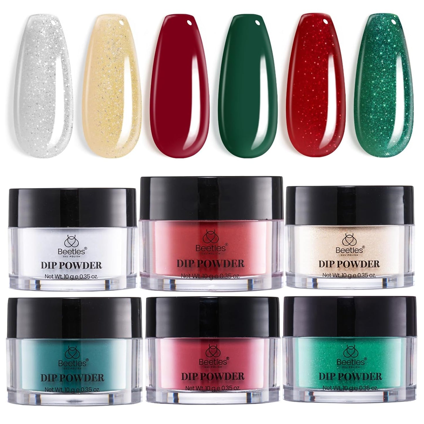 Beetles Christmas Dip Powder Nail Set 6 Colors Red Green Glitter Silver Gold Dipping Powder Starter Kit Manicure DIY Salon for Women No Nail Lamp Needed Glossy Xmas Party