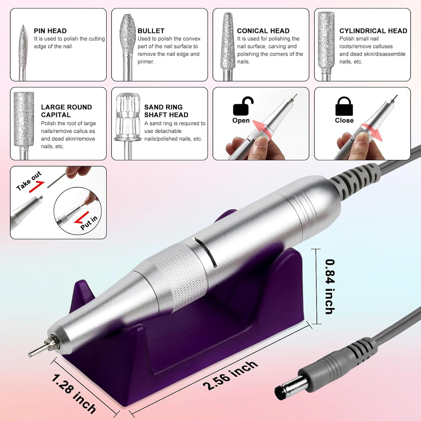 Professional Electric Cordless Nail Drill File:Glitter Portable Cordless E-File Nail Drill Kit with13 Drill Bits 45000RPM Rechargeable Nail Drills Machine for Acrylic Nails Gel Polishing (Pink)