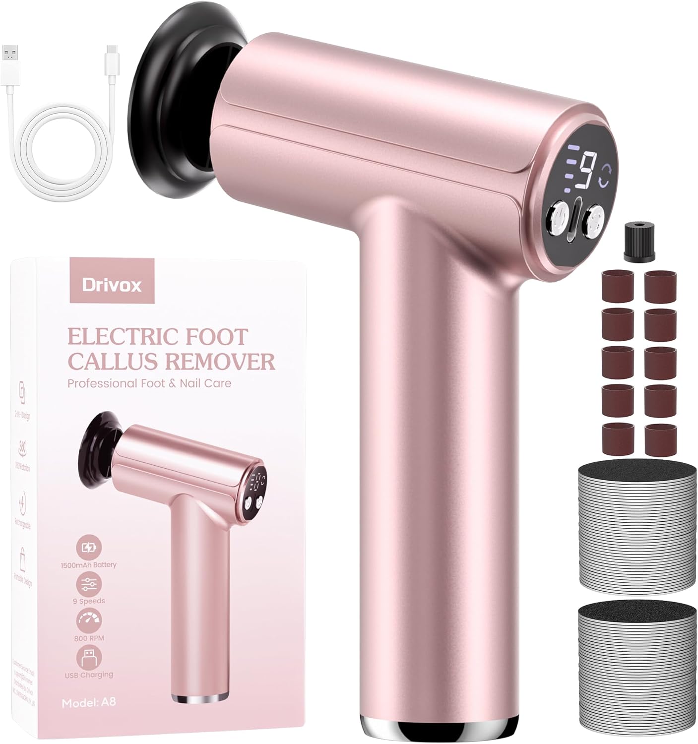 Electric Foot Callus Remover, 2 in 1 Rechargeable Electric Callus Remover for Feet, Pedicure Tools with 70pcs Sandpapers, Professional Foot Scrubber File for Dead Skin - Pink