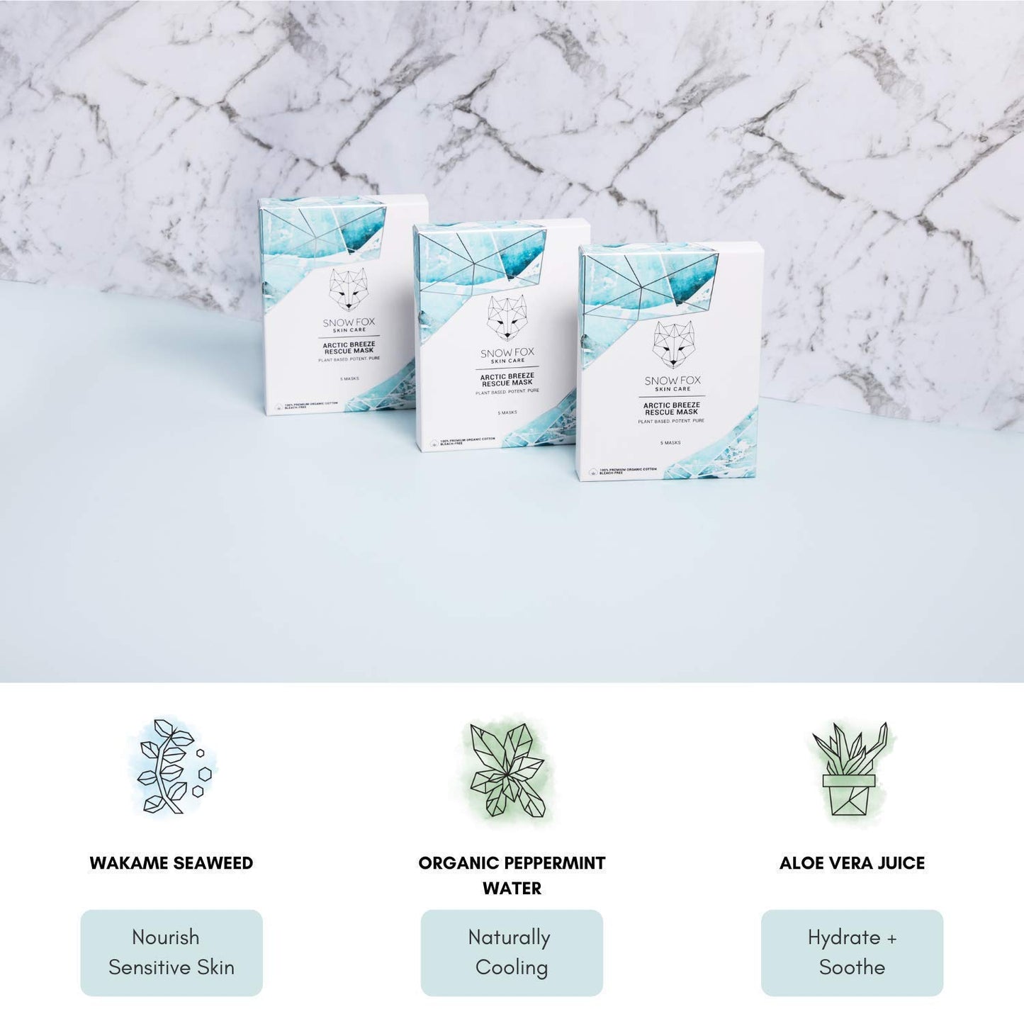 Snow Fox Skincare - Arctic Breeze Rescue Mask - Peppermint Oil, Aloe Vera, Seaweed Extract | Hydrating, Soothing Skin Redness & Irritation | Post-Sun Recovery | Premium Organic Cotton - 5 Pack