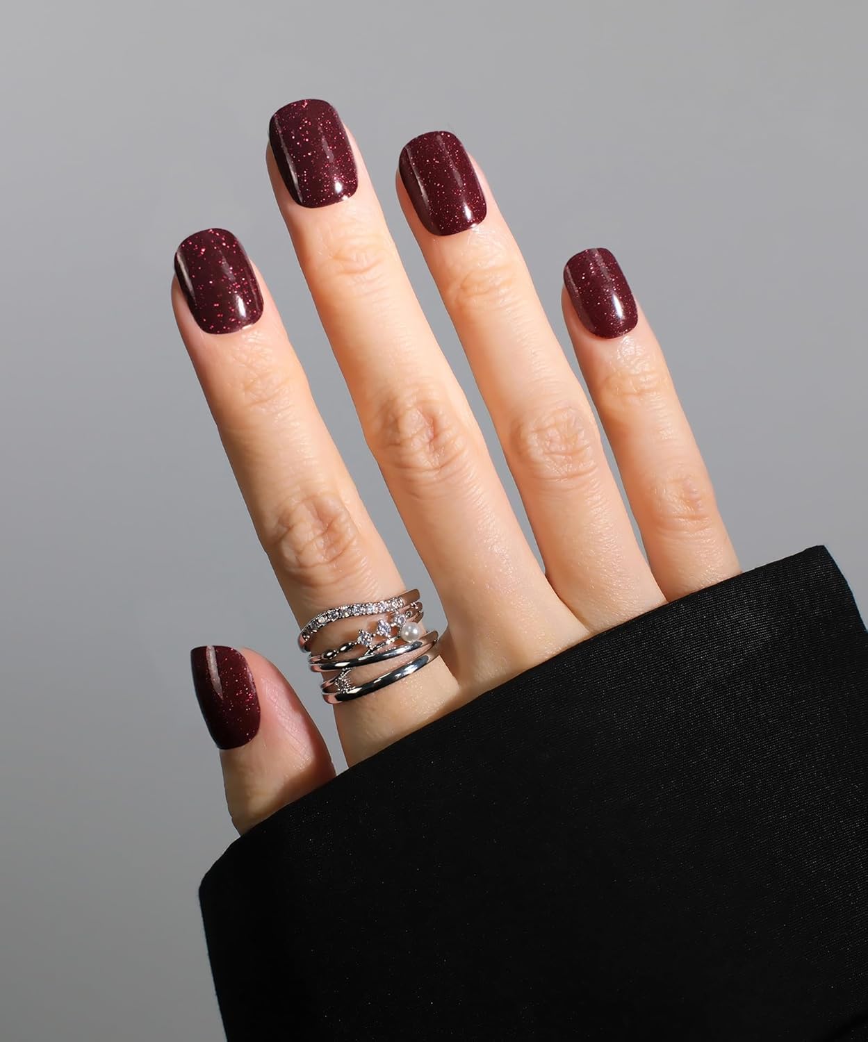 Glitter Nail Polish Strips, 32 Pcs Salon Quality Gel Nail Stickers, Long Lasting Wraps Easy to Use & Remove (Mature Maroon)