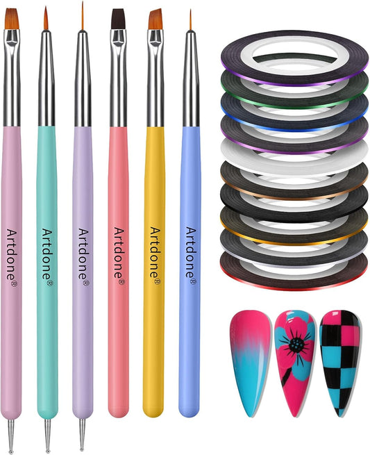 Artdone Nail Striping Tape Lines Kit With Nail Art Pens Dotting Tools And Liner Brushes For Gel Polish Small Detail Drawing Design Paint