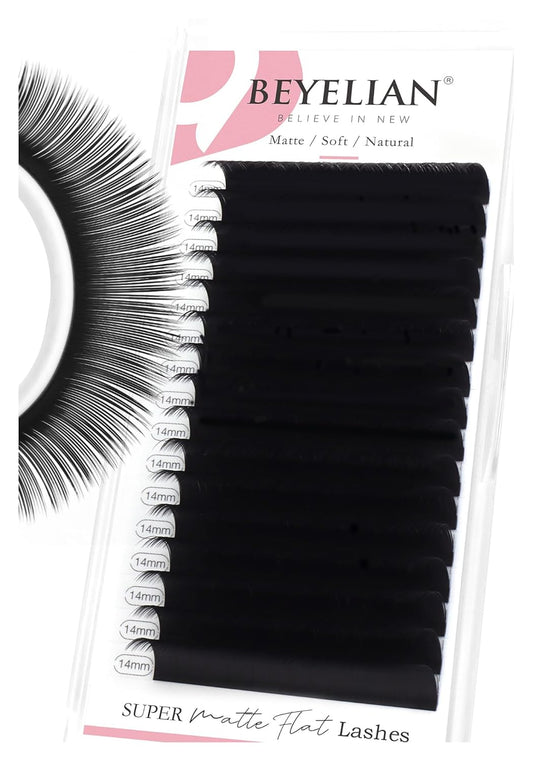 BEYELIAN Ellipse Flat Lash Extension 16 Rows 0.15 C Curl 14mm Single Length Tray Flat Eyelash Extension Matte Black Classic Lash Extensions Professional Supplies
