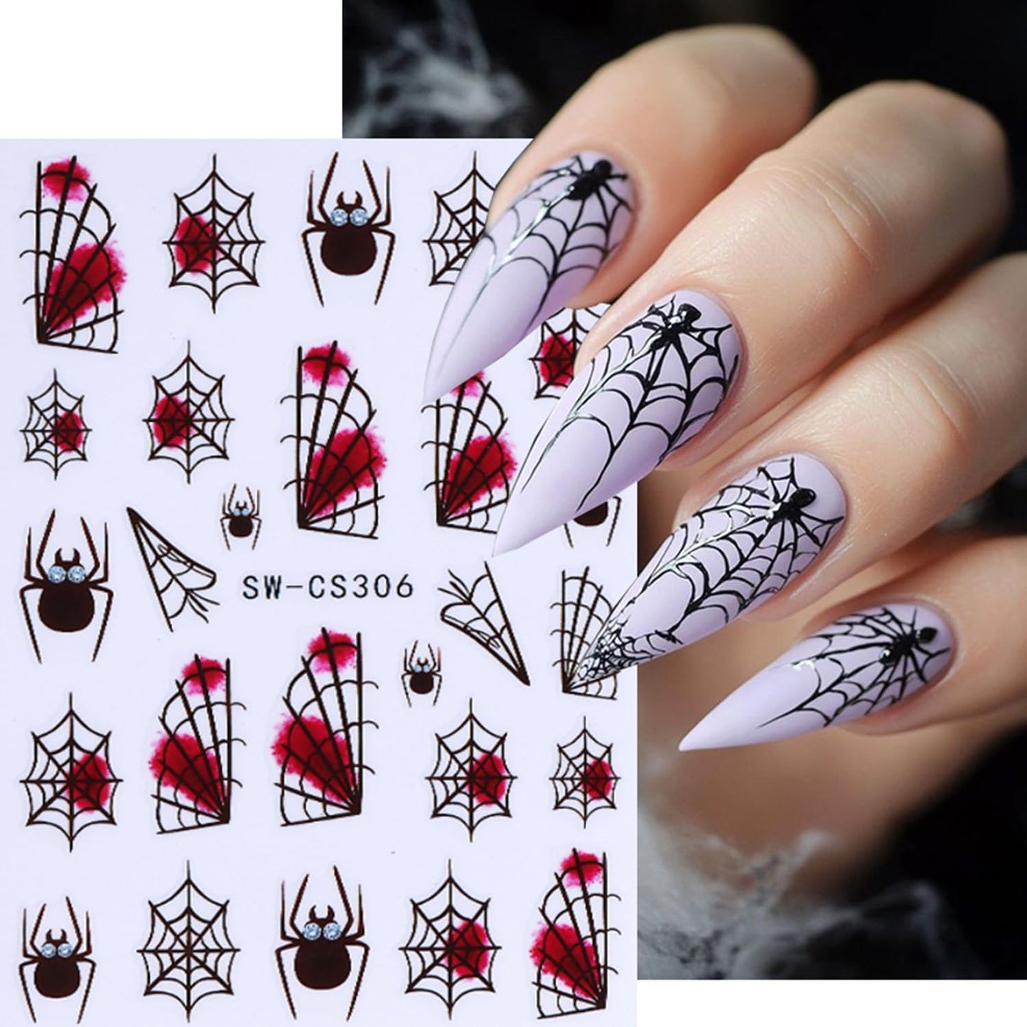 Red Black Halloween Nail Art Stickers Decal 5D Embossed Flower Spider Web Nail Stickers with Rhinestones Bow Blood Drop Nail Decals Self-Adhesive Spider Nail Art Decal for Women Halloween Decor