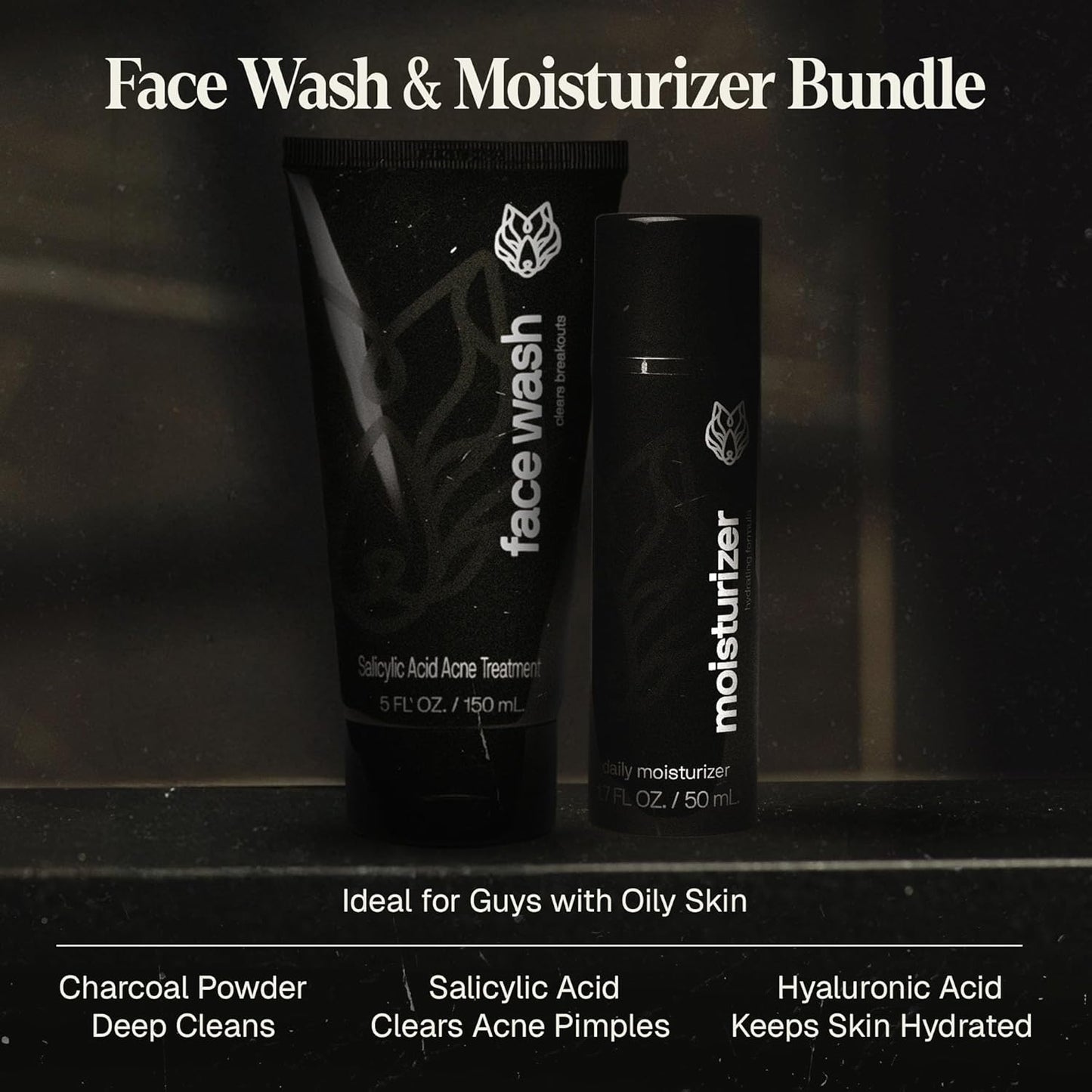 Black Wolf Face Wash and Oil-Free Moisturizer Gel Bundle for Oily Skin, Deep Clean- 2pc Bundle- Charcoal Powder and Salicylic Acid Reduce Acne Breakouts and Cleanse Your Skin- Gift Set for Men