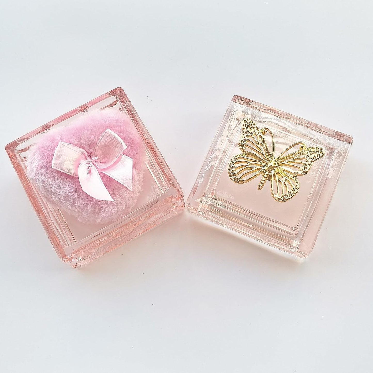 Body Powder Puff and Container - Glass Dusting Powder Container with Soft Puffs Vintage Powder Puff Case for Women & Girls (3.23x3.23x2.95 H IN) - GRB016-Pink