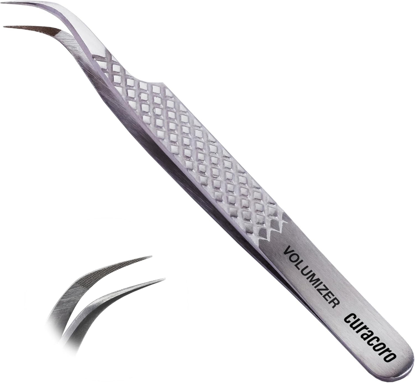 Curacoro Lash Tweezer - Professional & Precision Fiber Tip Grip Lash Tweezers for Eyelash Extensions, Multi Shapes & Purposes Tweezers for Volume, Isolation & Classic Lashes (Silver, Volumizer)