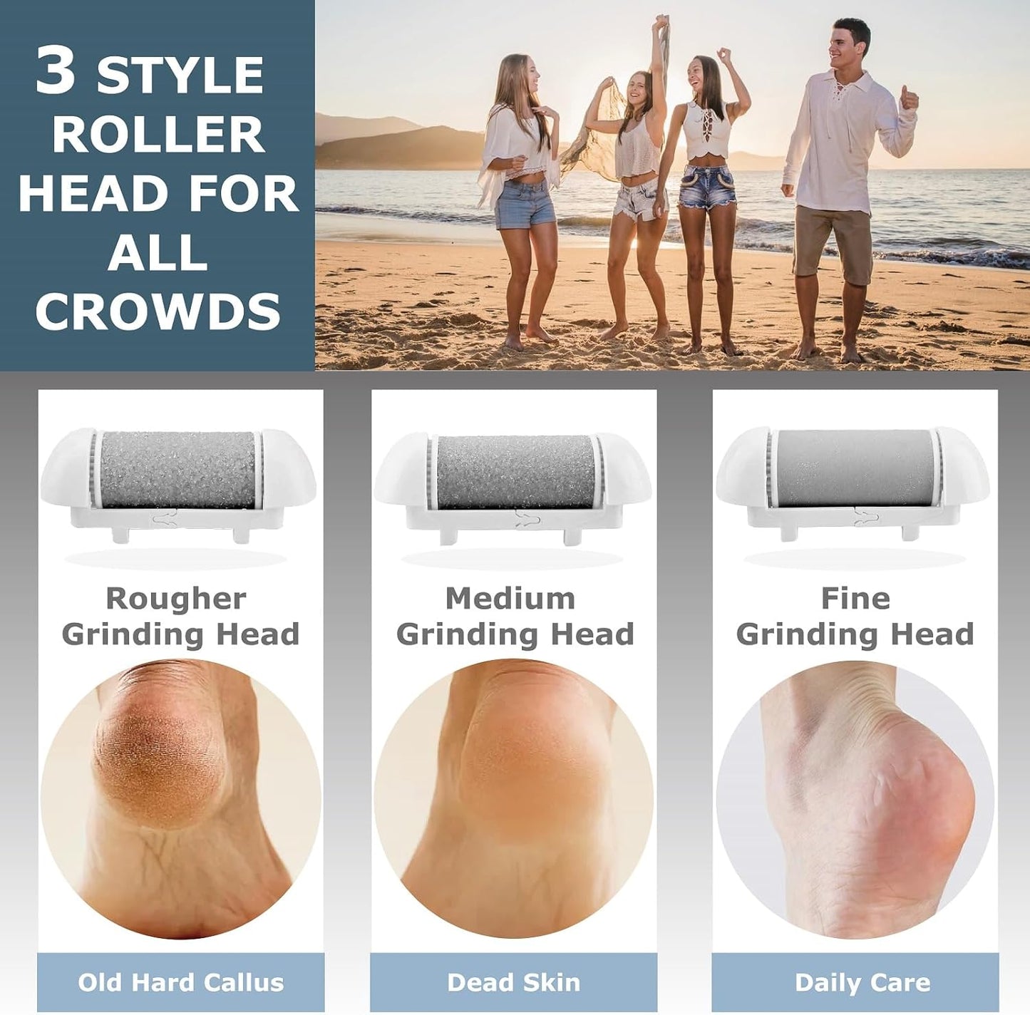 Upgraded Electric Foot Callues Remover, Portable Electric Foot Files with 3 Heads, Rechargeable Feet File for Foot Care, Waterproof Deadskin Remover, Pedicure Tool for Dry and Crack Feet