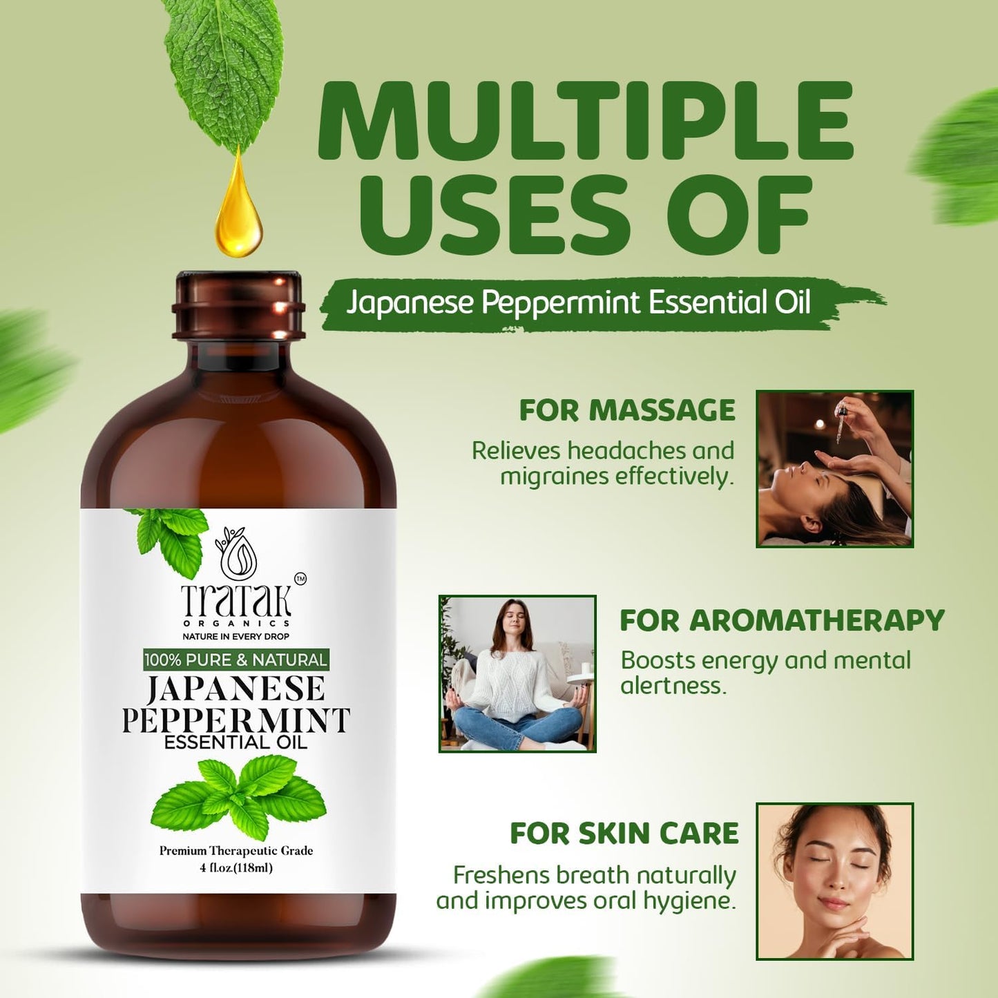 Peppermint Essential Oil - 100% Pure and Natural Oil with Premium Glass Dropper - Undiluted Essential Oil for Aromatherapy, Diffuser, Hair Care, Skin Massage and DIY's | 4 fl oz (Pack of 2)