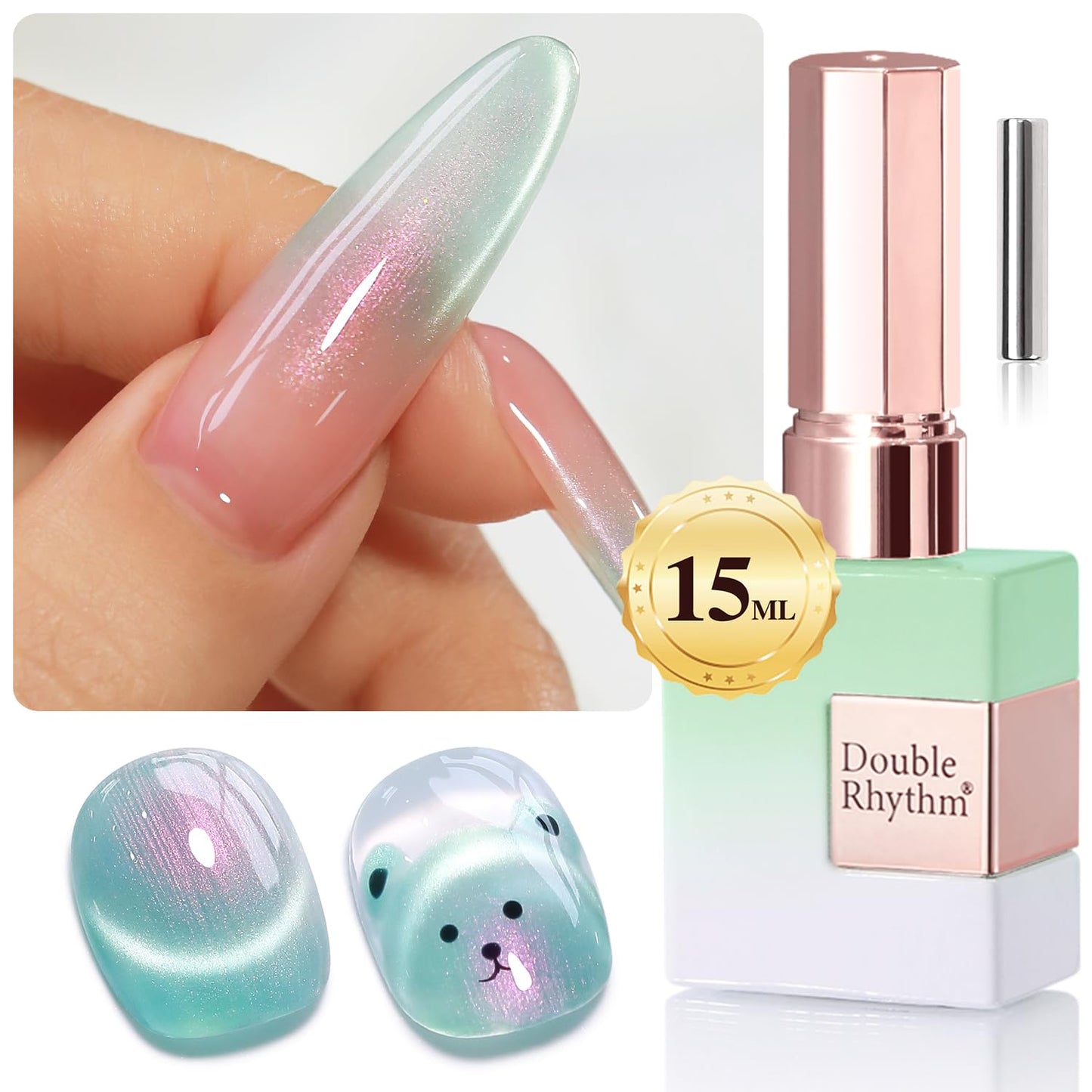 Double Rhythm 0.5 Oz Cat Eye Gel Polish with Magnet Same Color Same Bottle Holographic Glitter Shimmer Translucent Color Salon 15 ML Magnetic Nail Art (Mermaid Green-MC1171)