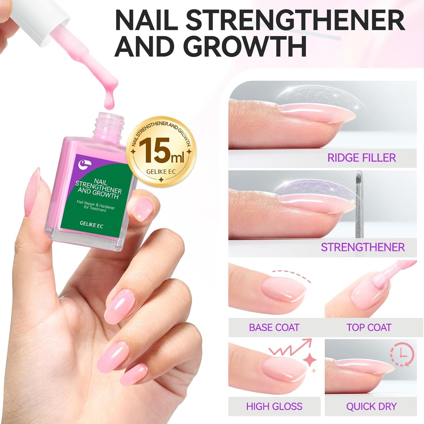 Nail Polish Strengthener and Growth Treatment: Pink 15ml Gelike EC Natural Nail Hardener Extra Strong and Growth - Long Lasting Nail Repair for Damaged Nails - For Daily Work Home Salon